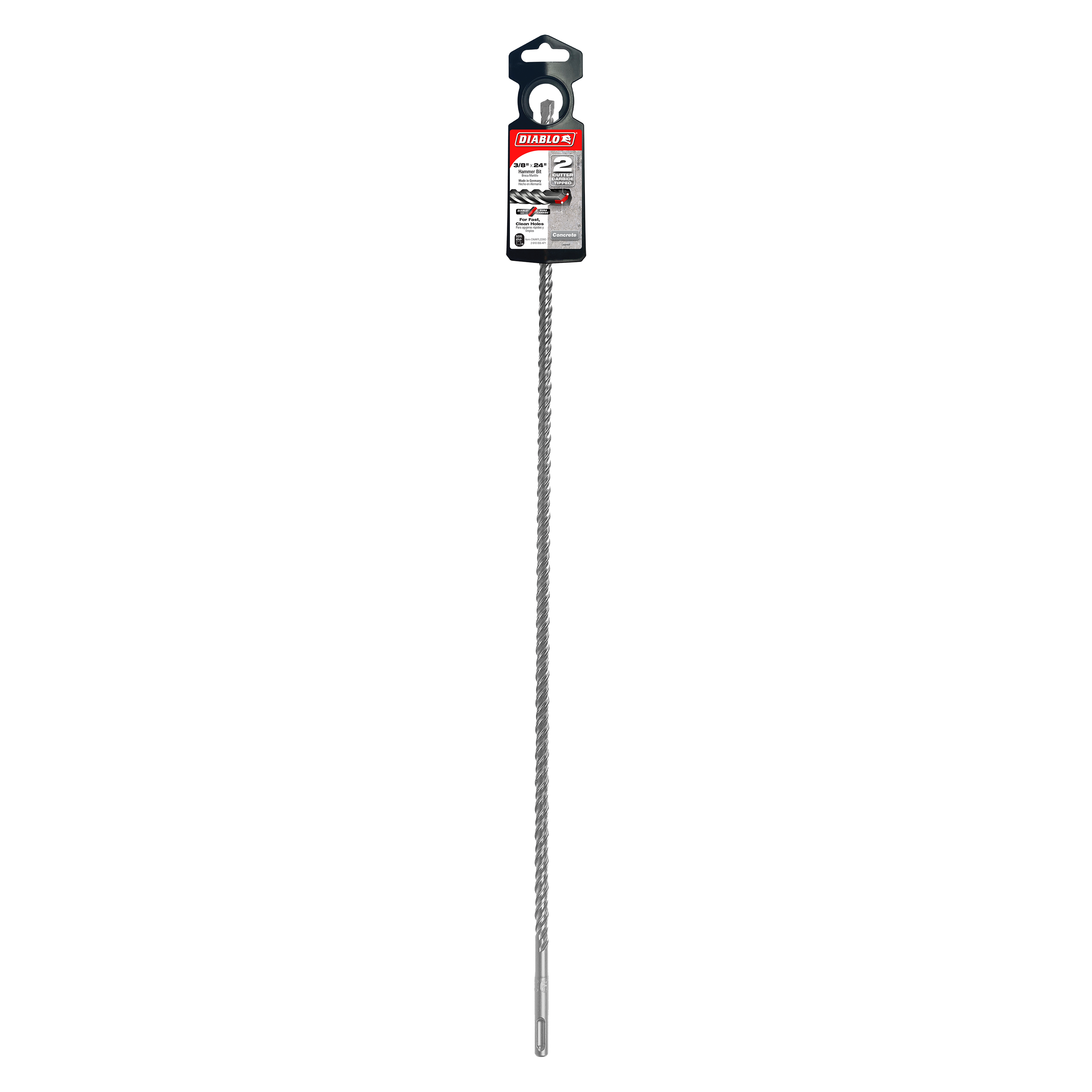 Diablo SDS-Plus masonry drill bit with two cutting flutes and black plastic packaging header against white background.