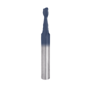 Blue and silver spiral router bit with cylindrical shank and fluted cutting head.