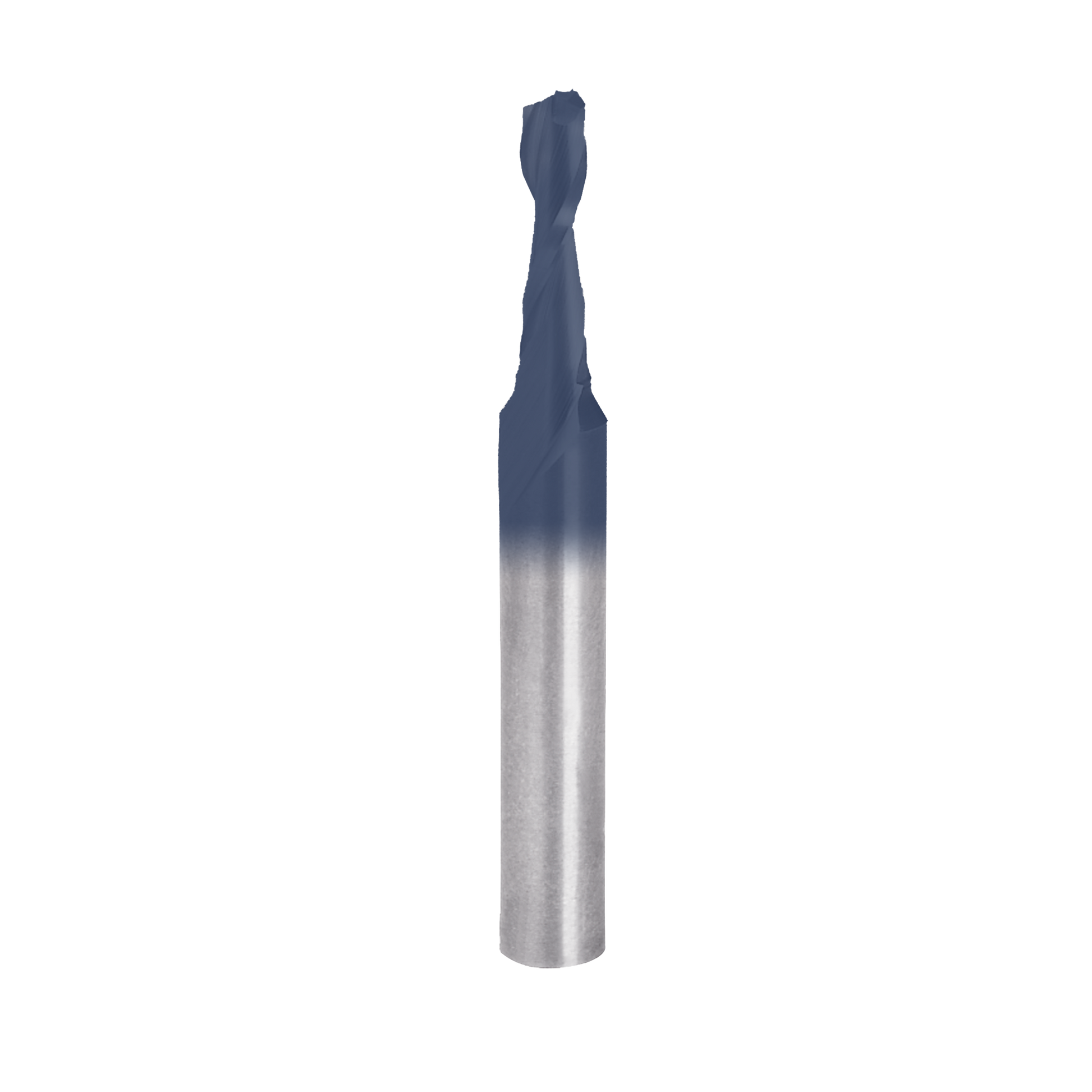 Blue and silver spiral router bit with cylindrical shank and fluted cutting head.