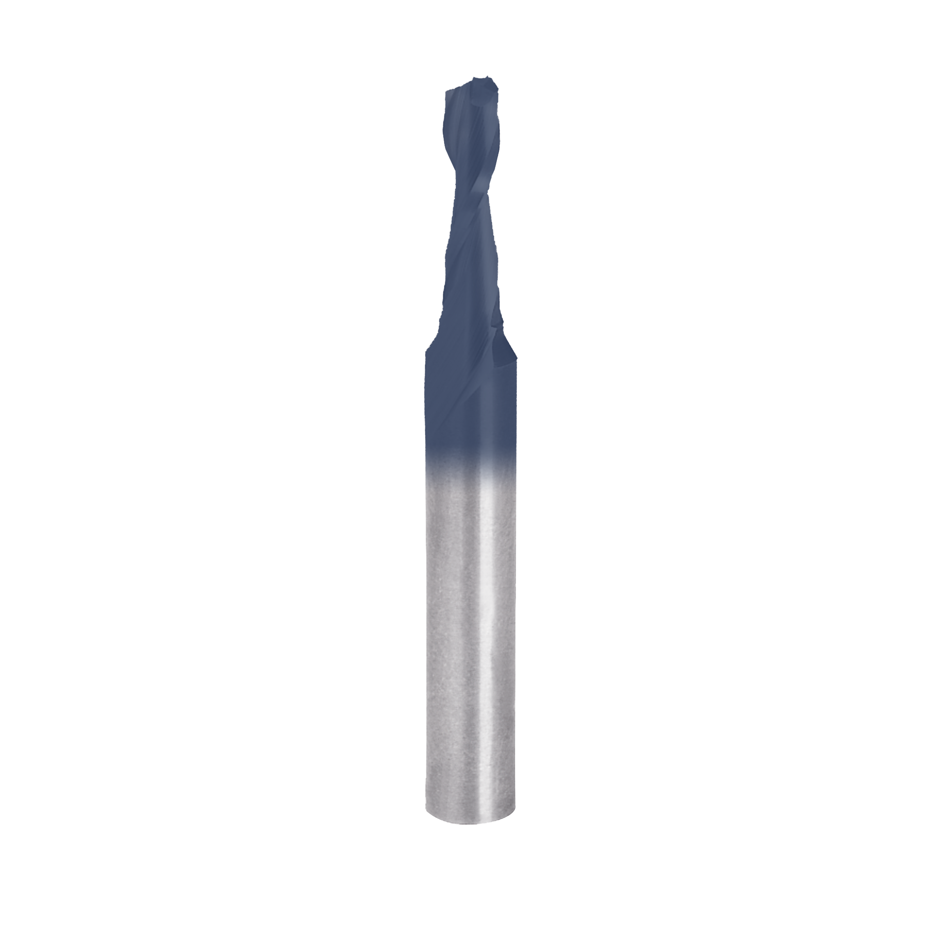 Blue and silver spiral router bit with cylindrical shank and fluted cutting head.