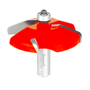 Raised panel router bit with red cutting head, silver shank, and multiple gray cutting surfaces for woodworking.