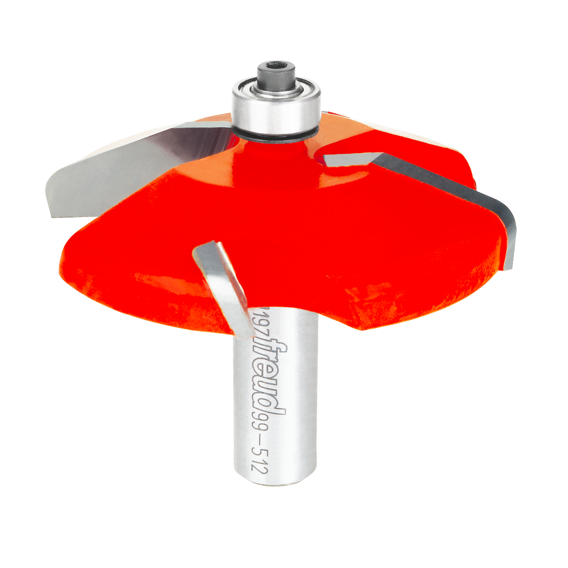Raised panel router bit with red cutting head, silver shank, and multiple gray cutting surfaces for woodworking.