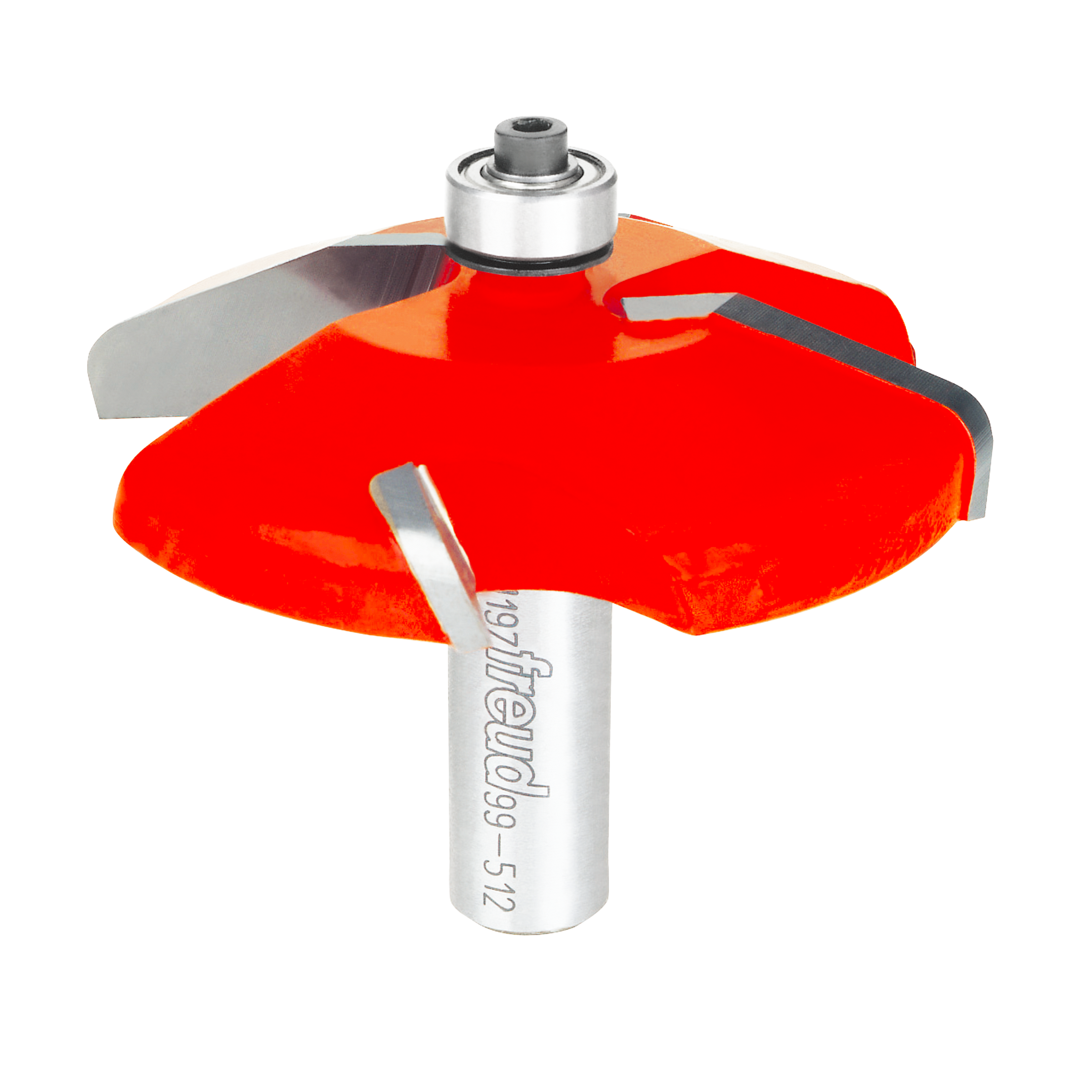 Raised panel router bit with red cutting head, silver shank, and multiple gray cutting surfaces for woodworking.