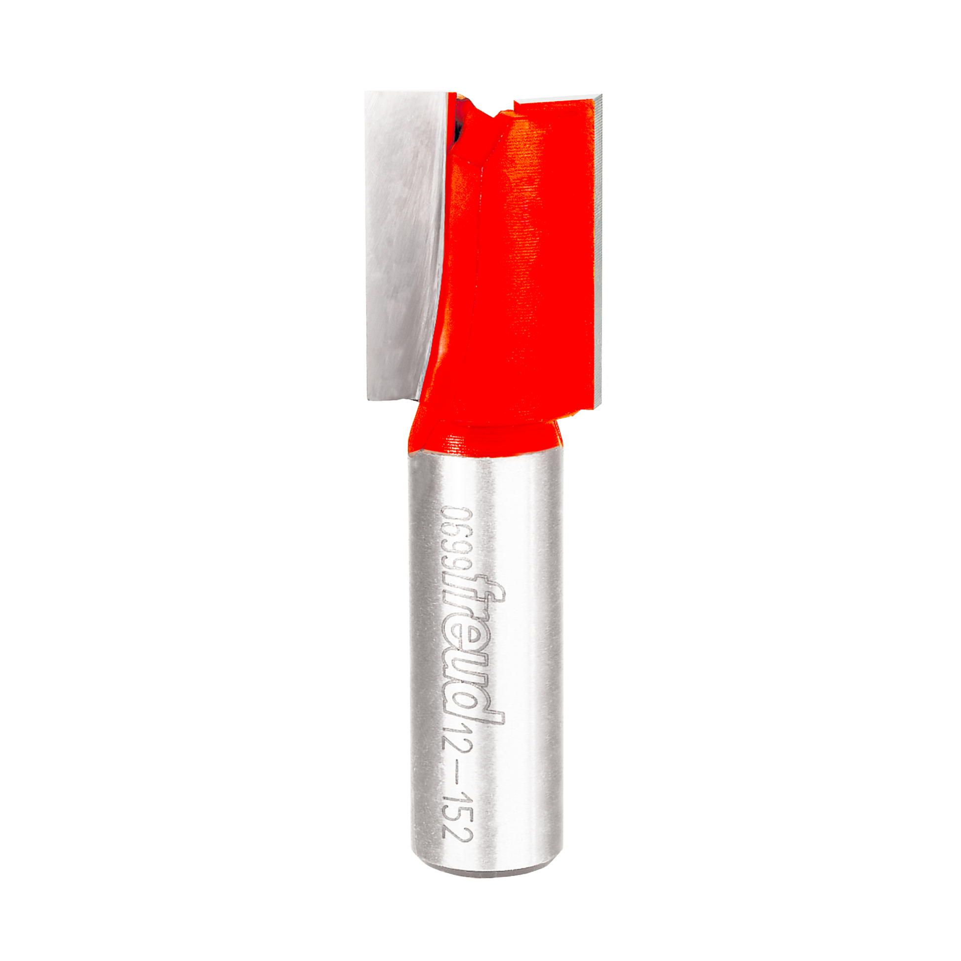 Freud router bit with 3/4" red cutting head and silver metal shank, double flute straight design.