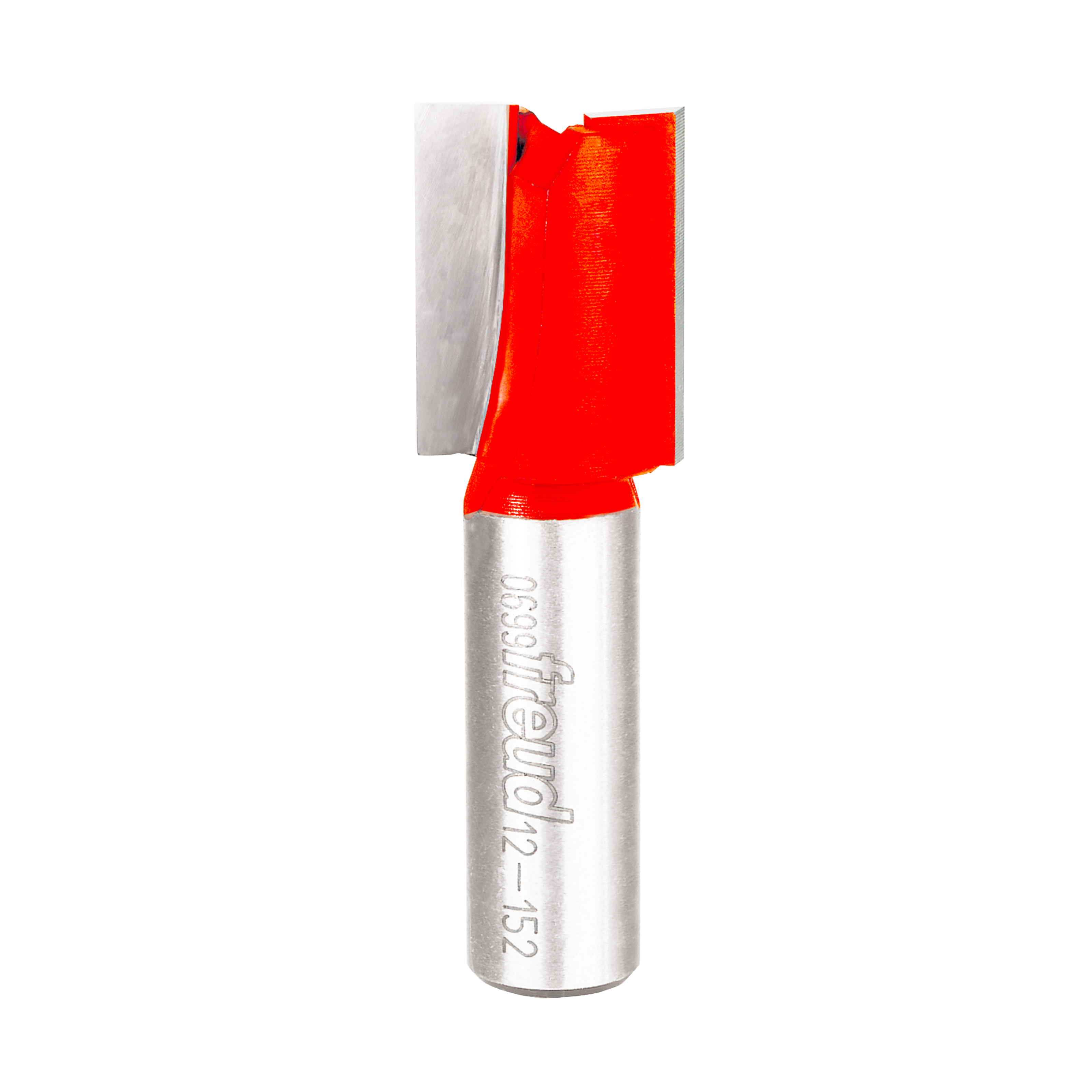 Freud router bit with 3/4" red cutting head and silver metal shank, double flute straight design.