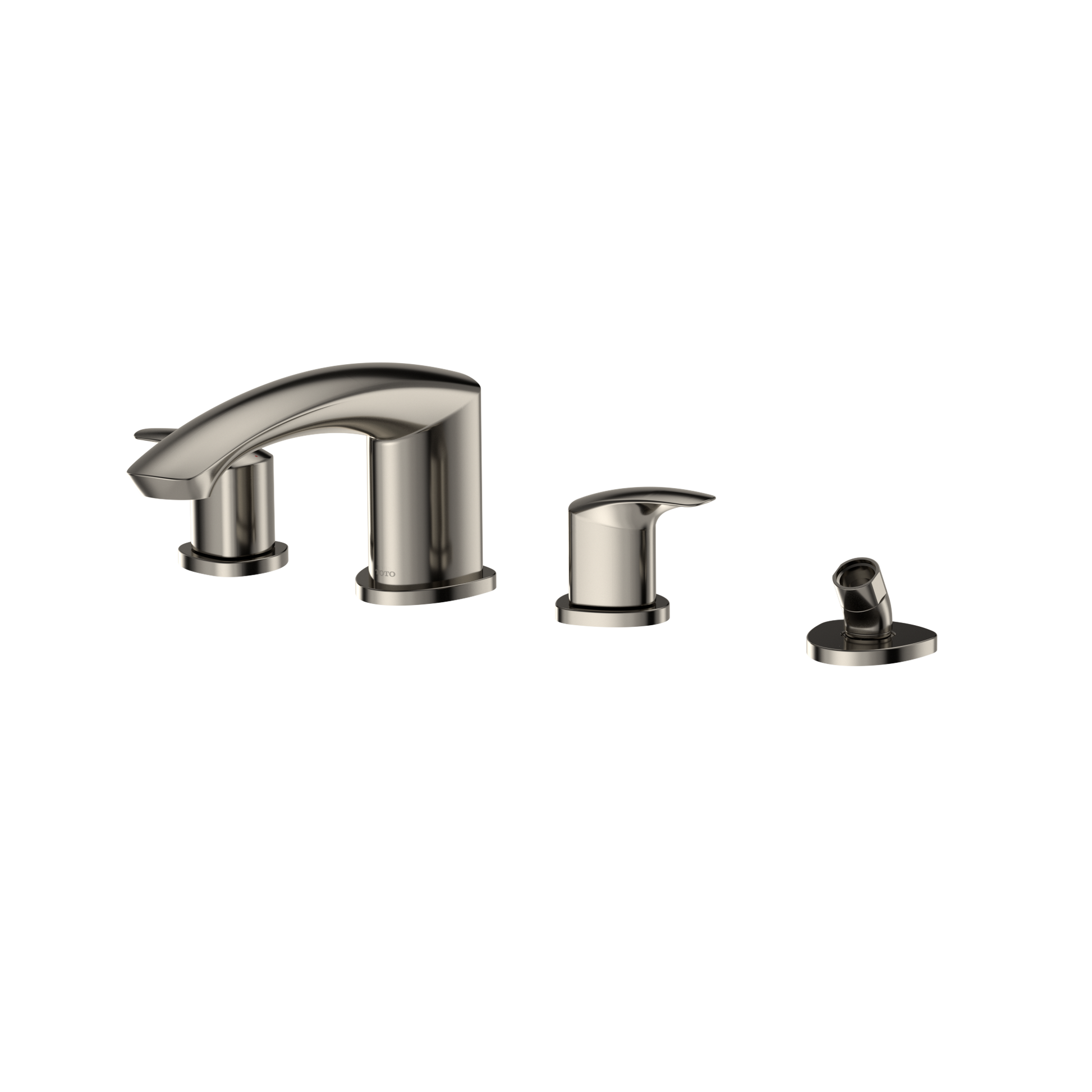 Polished nickel two-handle roman tub filler with curved spout, vertical handles, and detachable handshower on base.