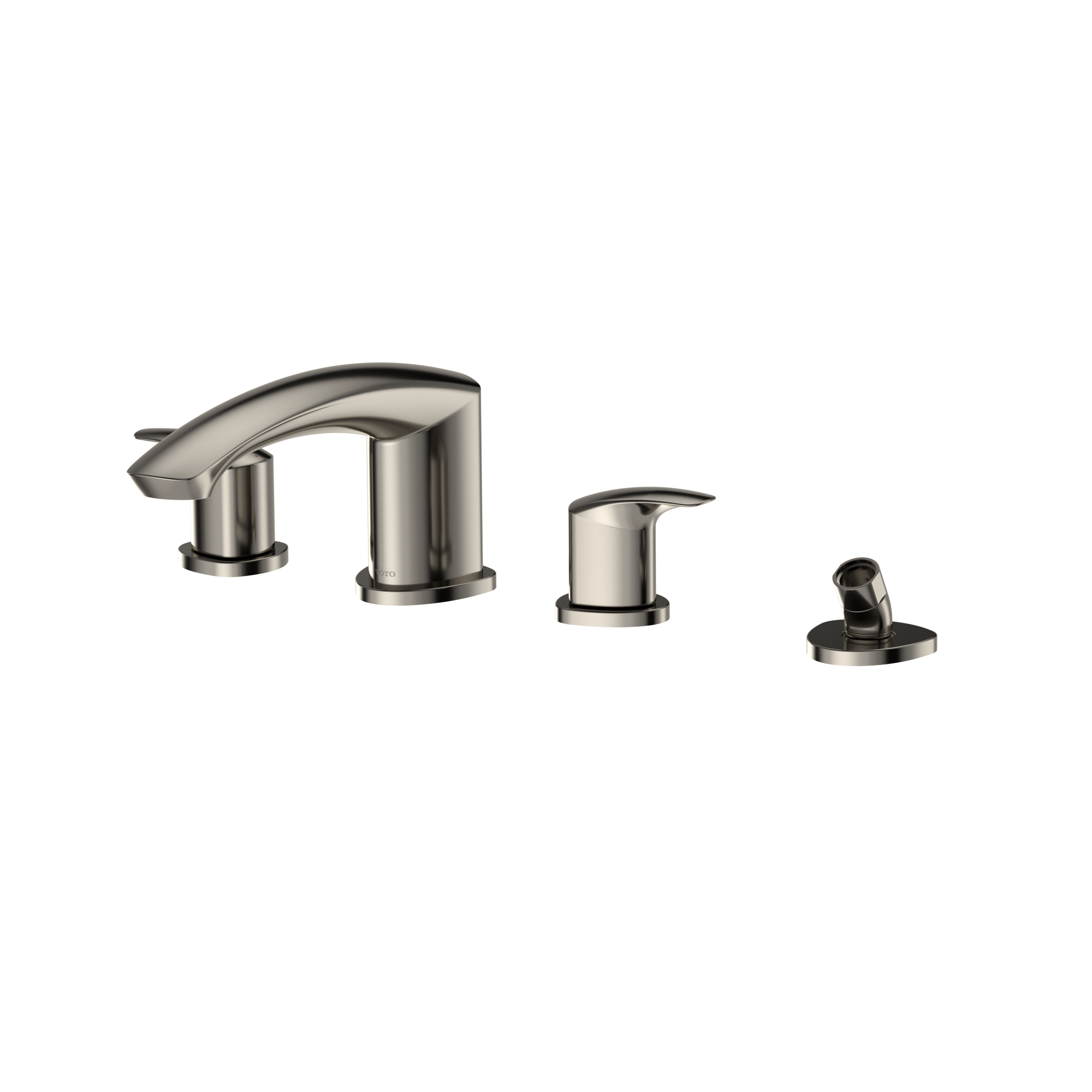 Polished nickel two-handle roman tub filler with curved spout, vertical handles, and detachable handshower on base.