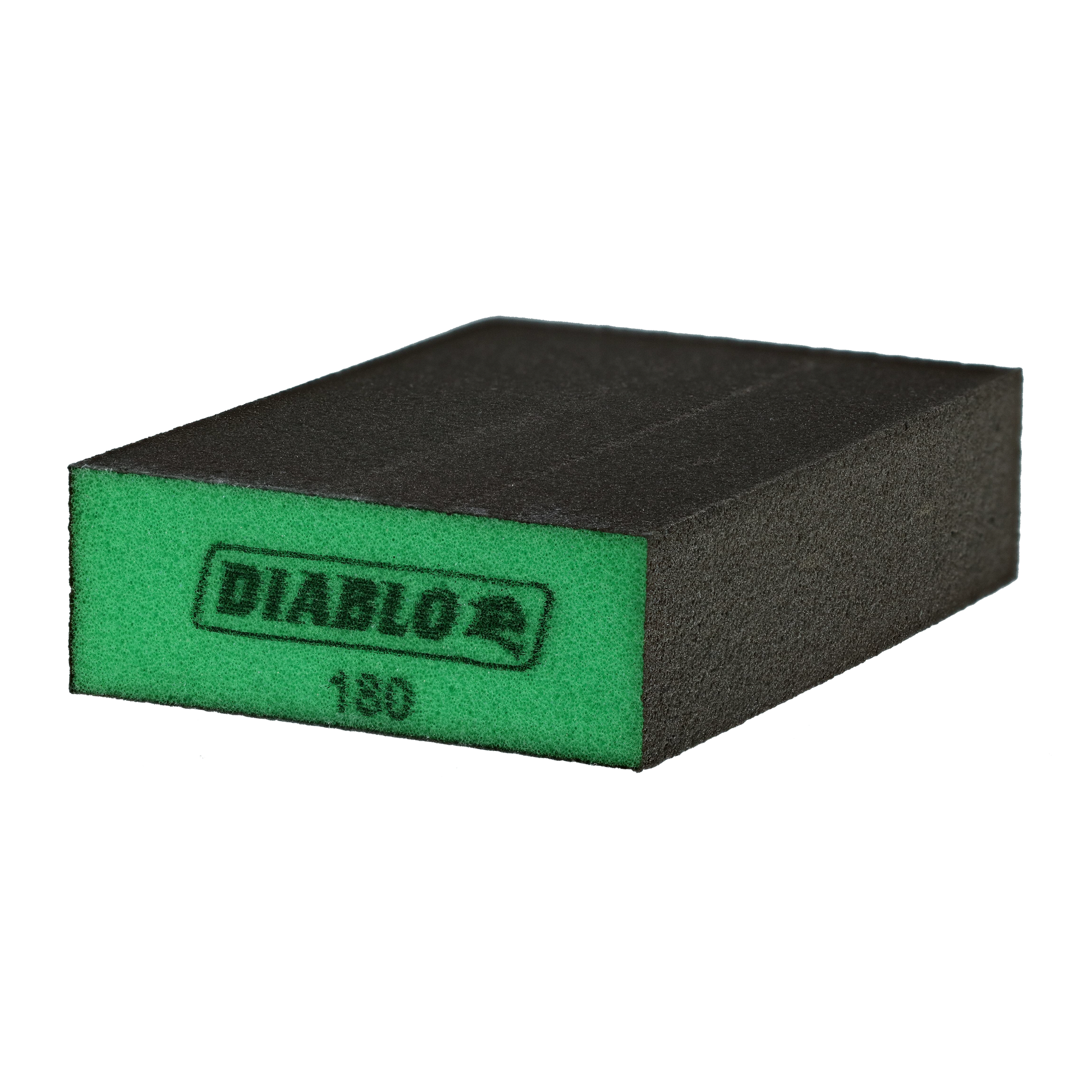 Rectangular sanding sponge with black top surface and green side stamped "DIABLO" and "180" grit rating.