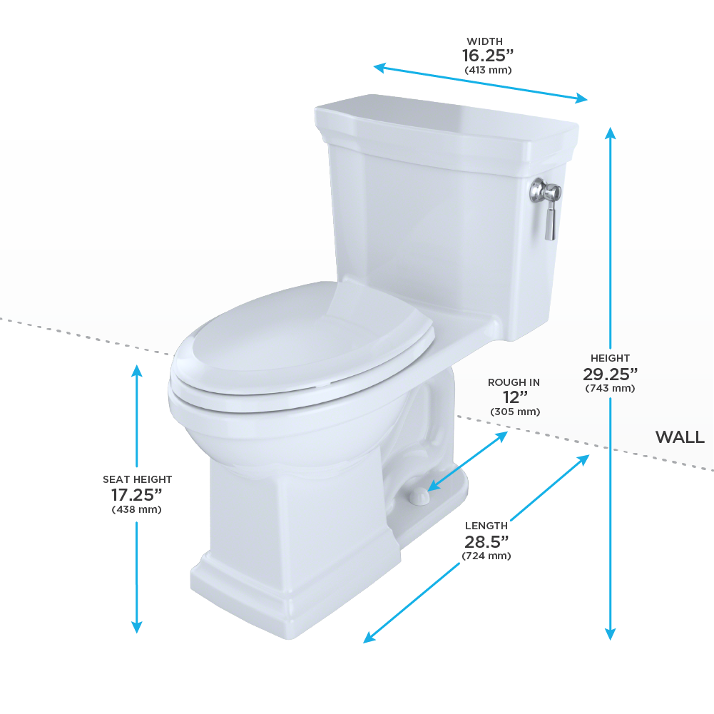 White one-piece elongated toilet with soft-close seat, right-hand lever, and dimensions marked: 29.25" height, 28.5" length, 