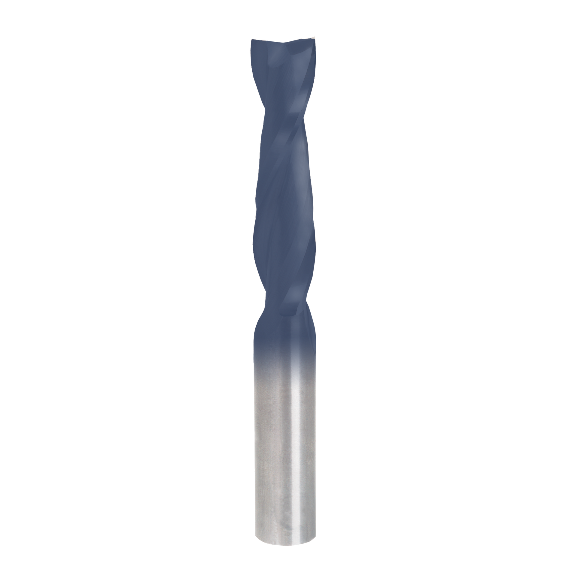 Freud 1/2" diameter up spiral router bit with blue coating and metal flutes.