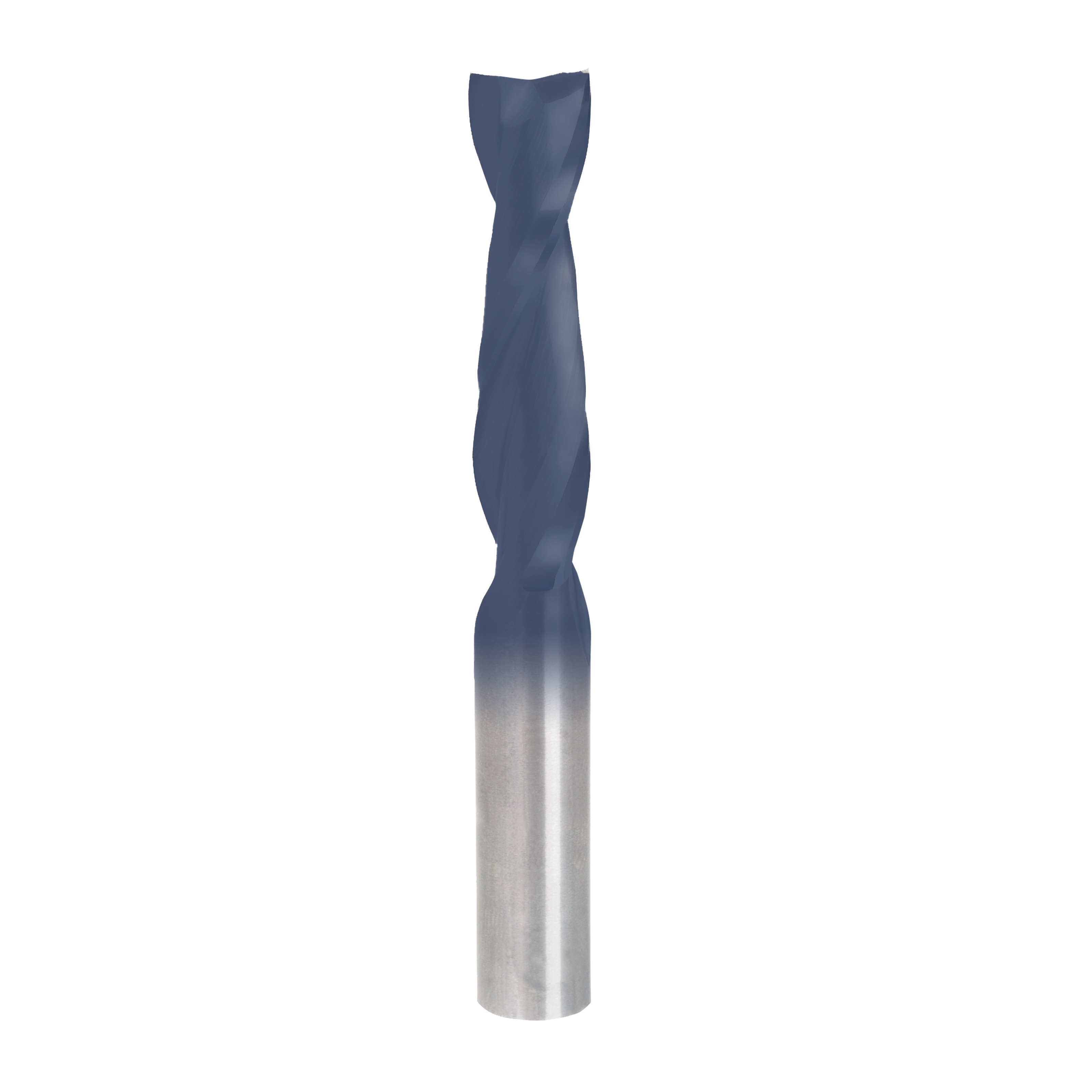 Freud 1/2" diameter up spiral router bit with blue coating and metal flutes.