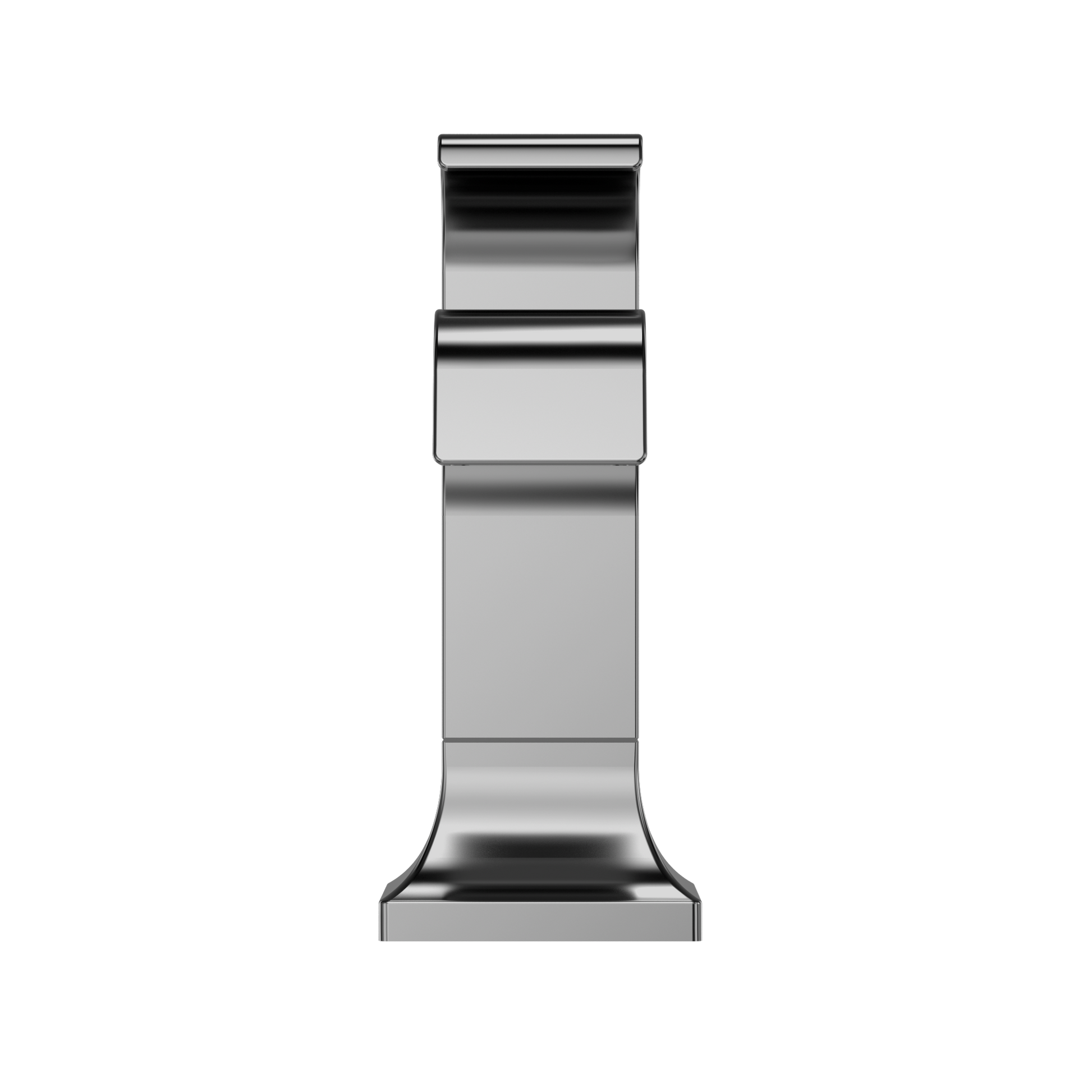 Polished chrome single-handle bathroom sink faucet with rectangular spout and tiered base design.