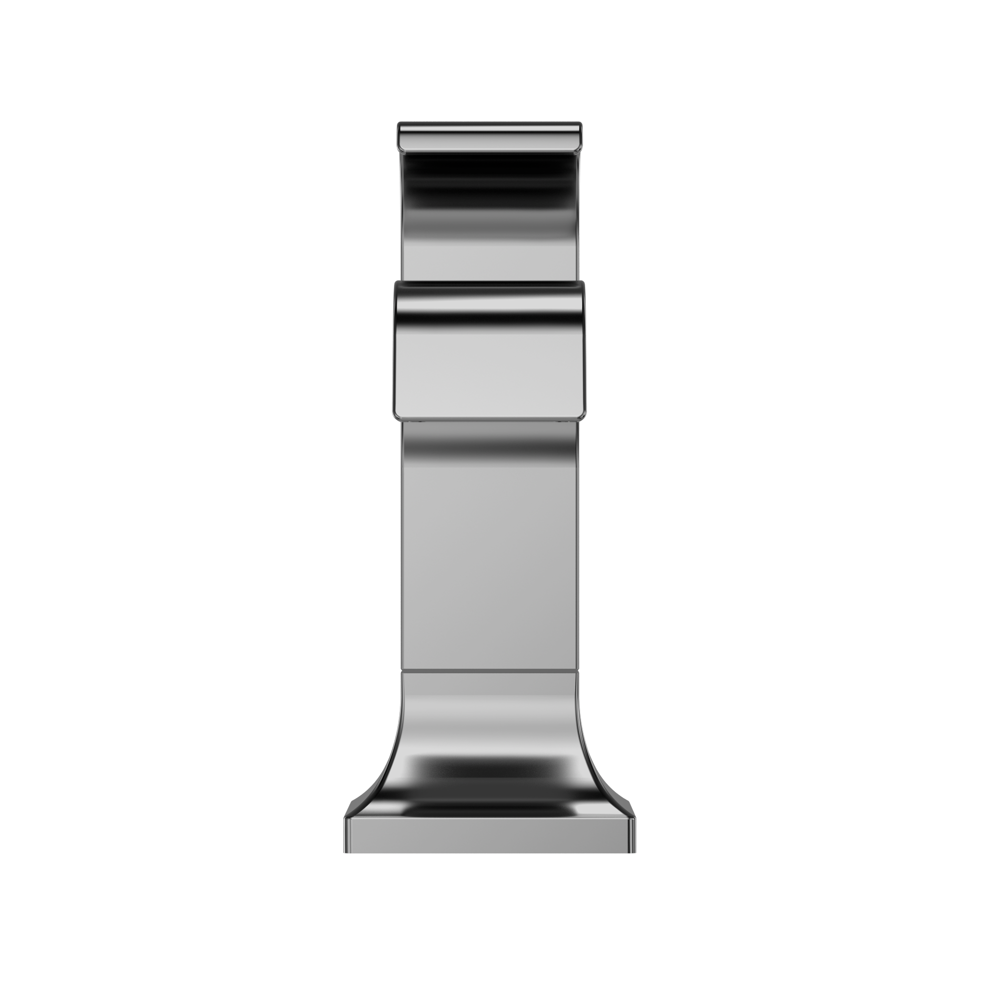 Polished chrome single-handle bathroom sink faucet with rectangular spout and tiered base design.