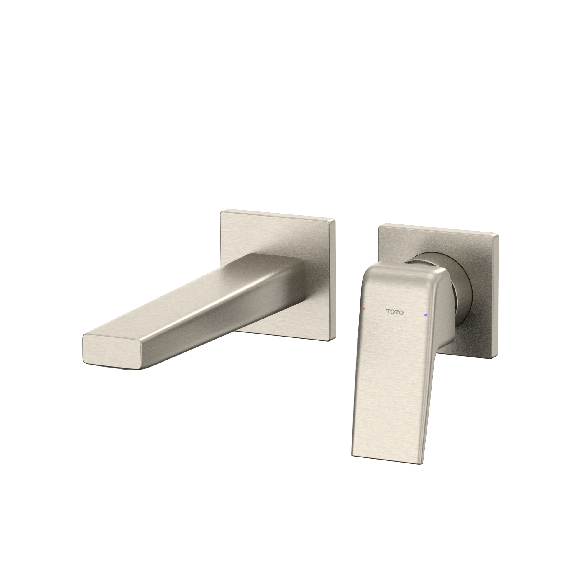 Brushed nickel wall-mount bathroom faucet with single lever handle and rectangular spout.