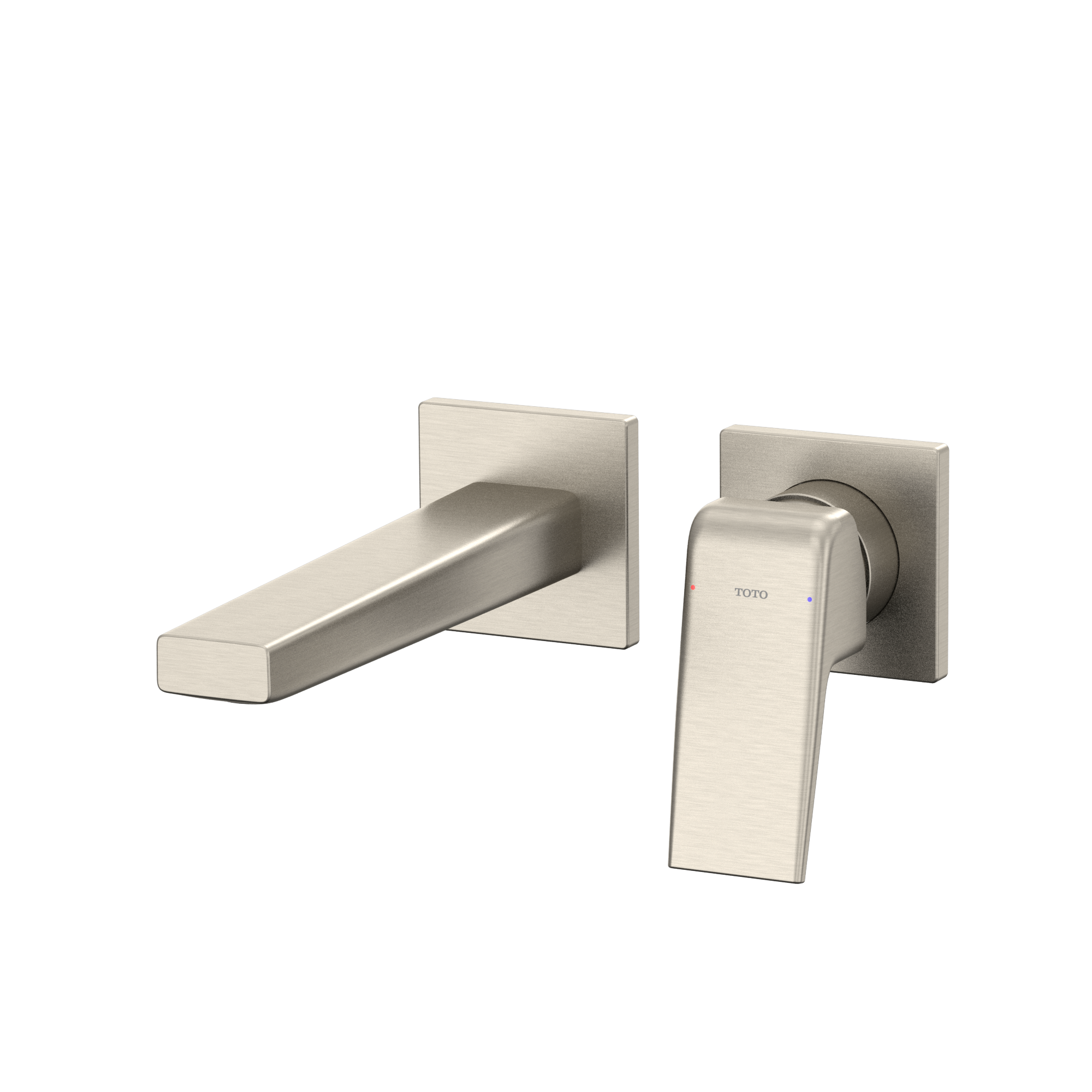 Brushed nickel wall-mount bathroom faucet with single lever handle and rectangular spout.