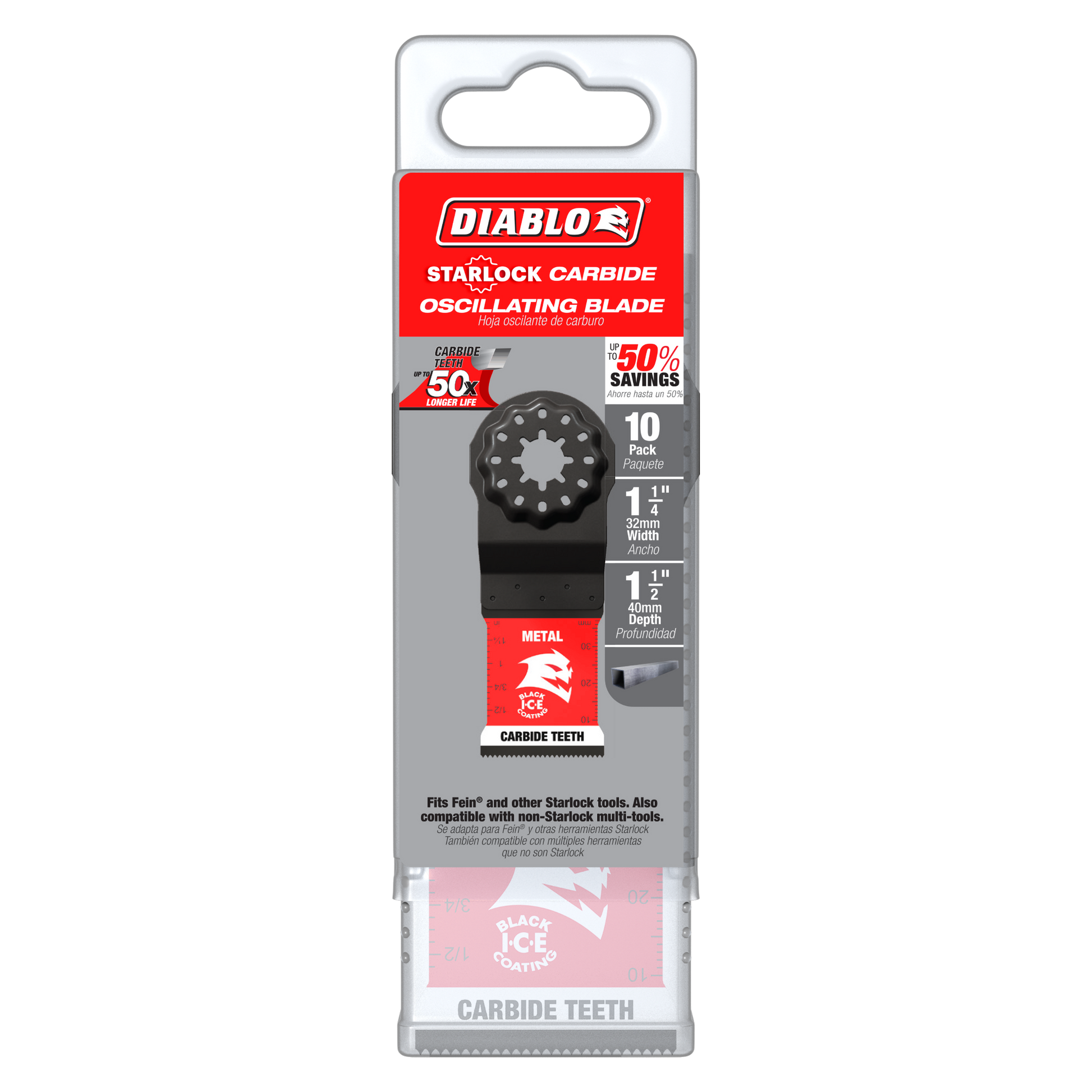 Diablo Starlock Carbide oscillating blade with toothed metal-cutting head in retail packaging, 10-pack.