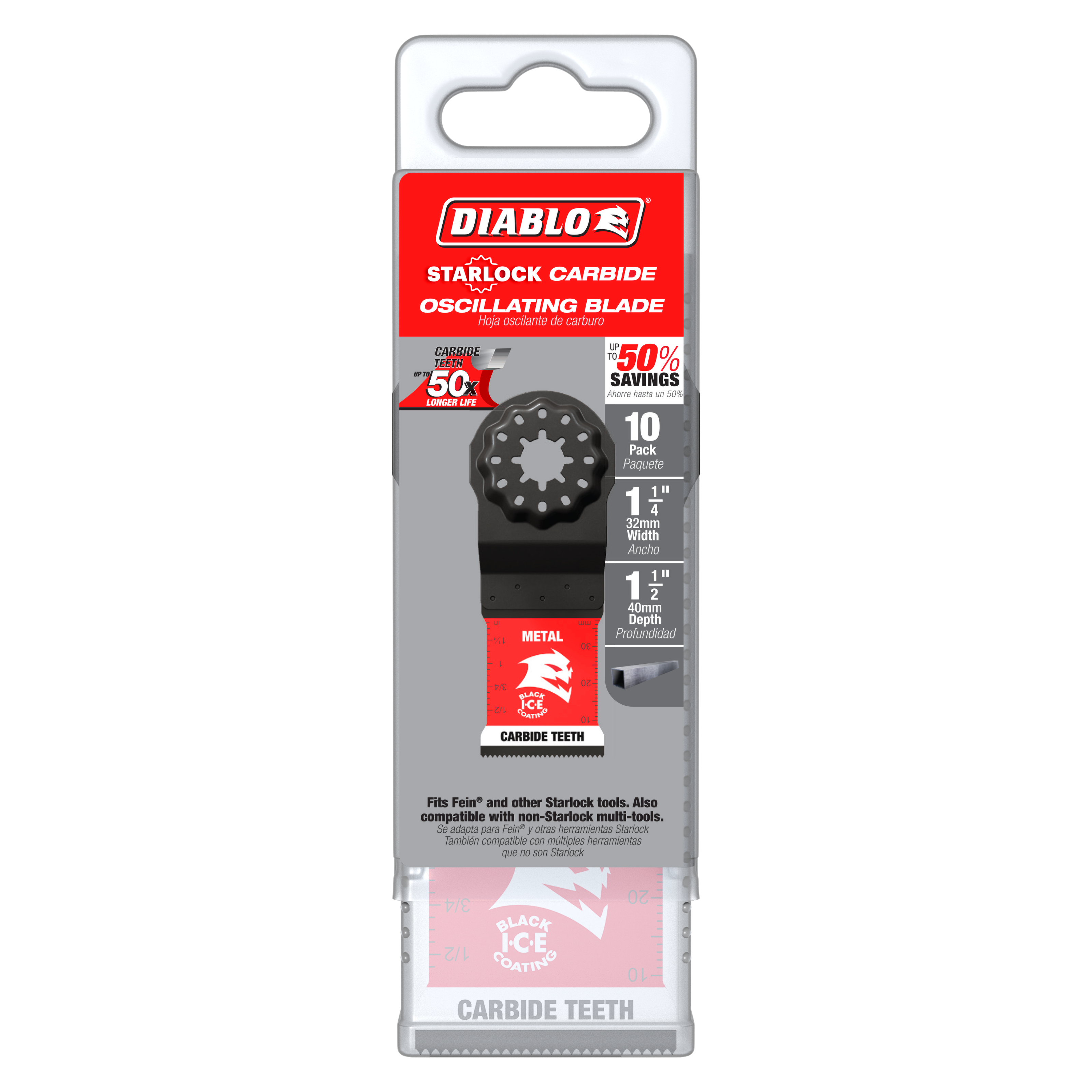 Diablo Starlock Carbide oscillating blade with toothed metal-cutting head in retail packaging, 10-pack.