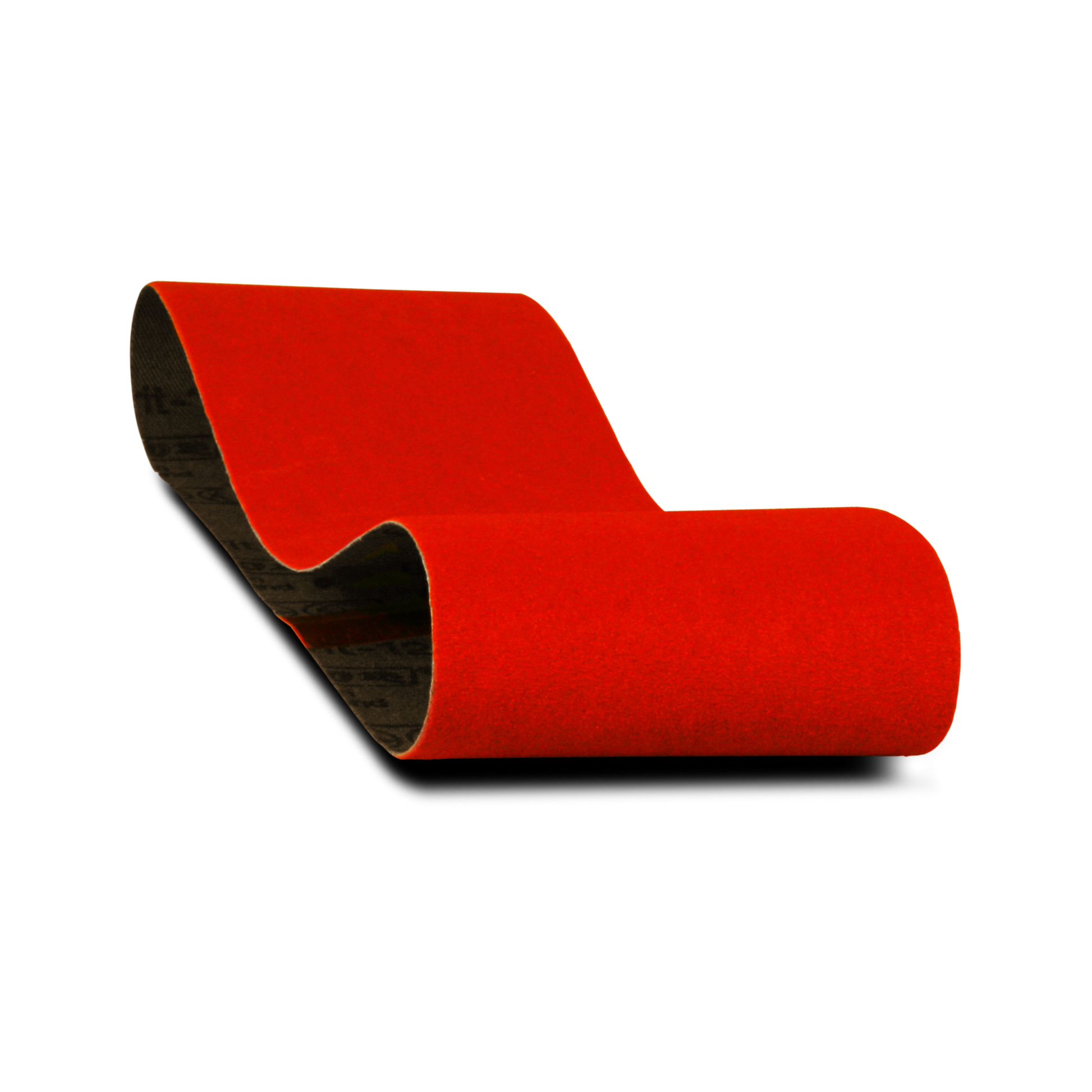 Two red sanding belts with black backing, 3 inches wide by 21 inches long.