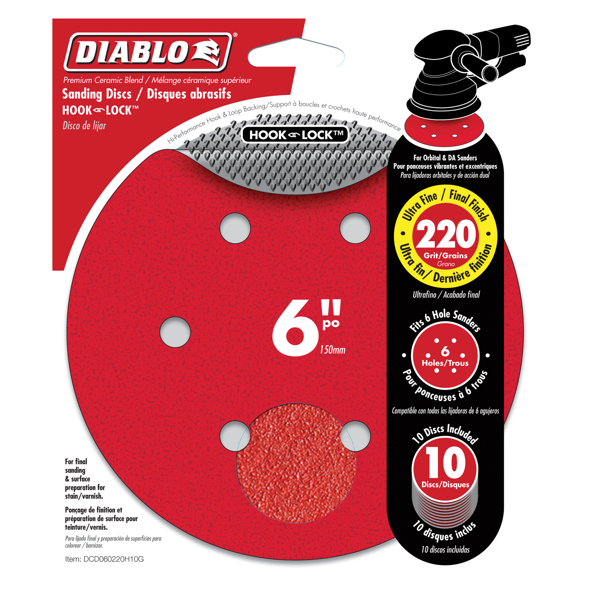 Six-inch red sanding discs with hook and loop backing, 220 grit, six holes for orbital sanders, pack of 10.