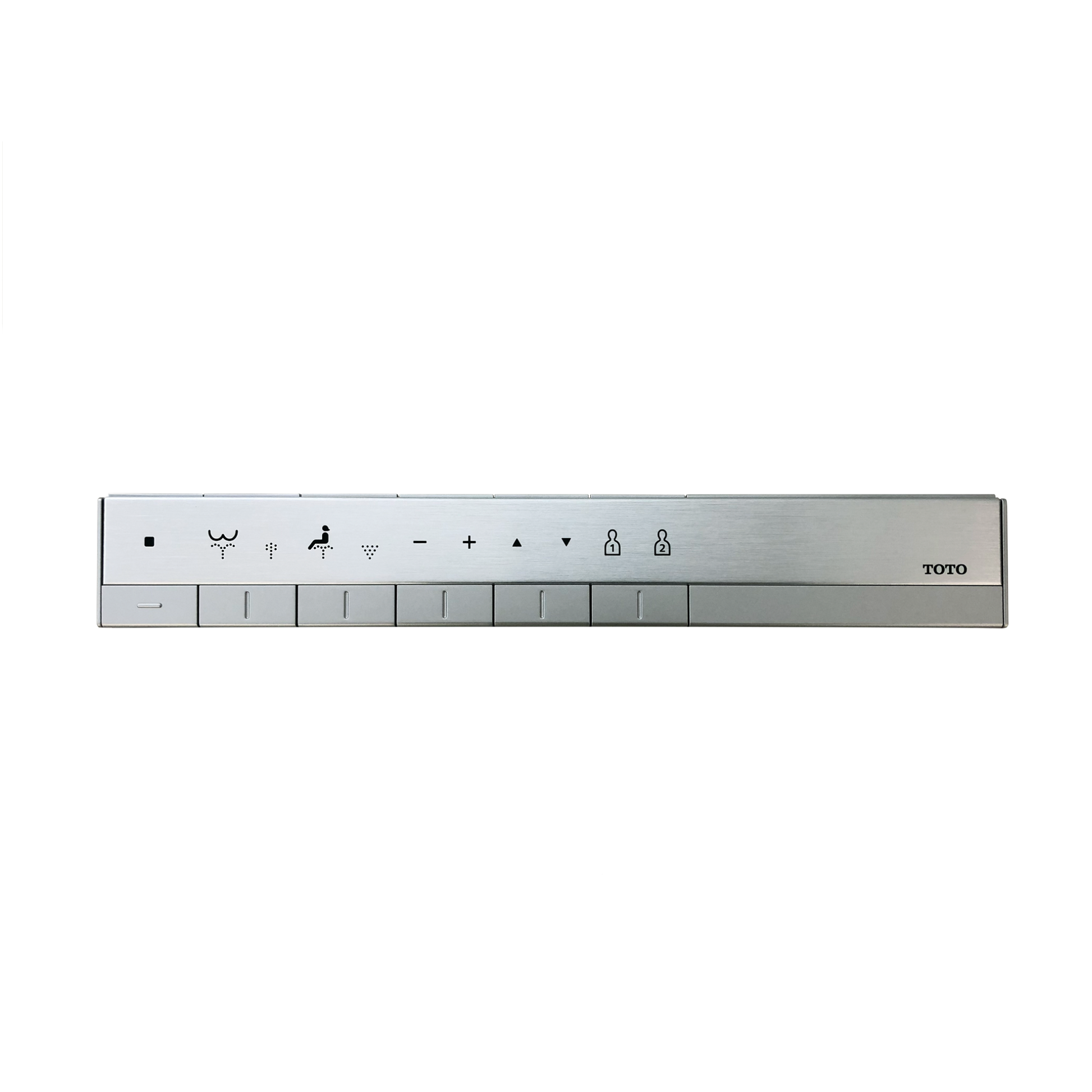 Toto Neorest remote control with silver finish and multiple function buttons including bidet, heated seat, and water pressure
