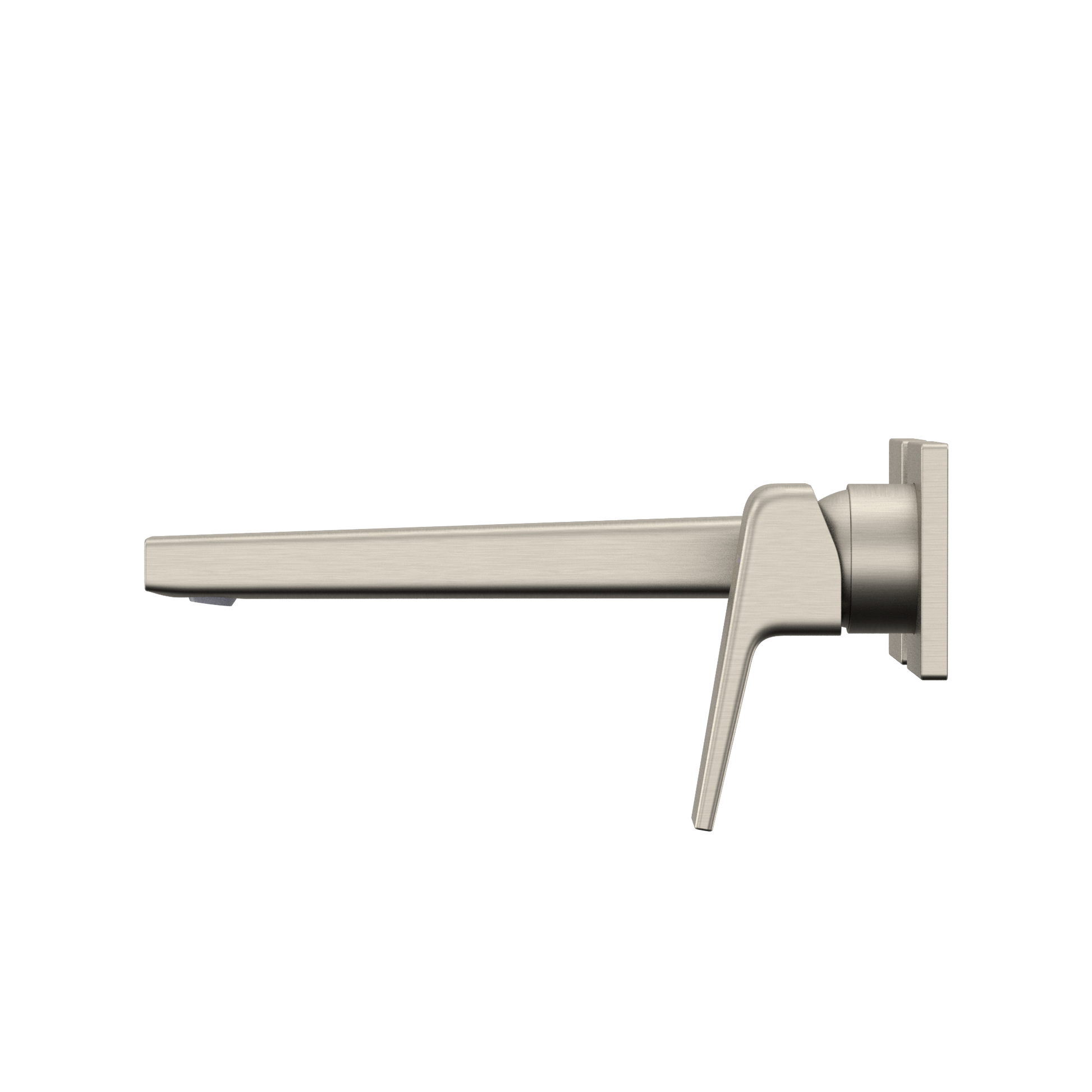 Brushed nickel wall-mount bathroom faucet with single lever handle and long spout.