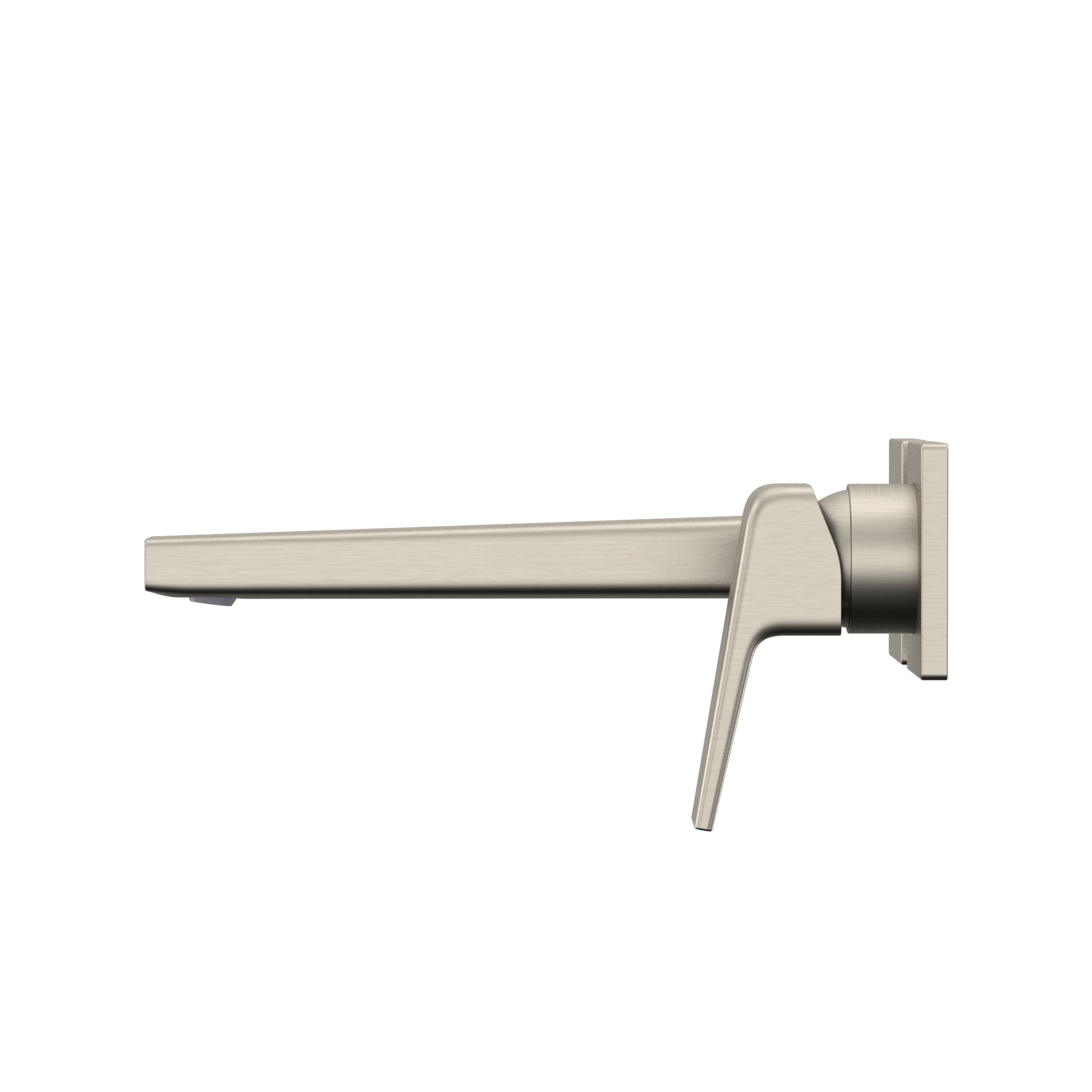 Brushed nickel wall-mount bathroom faucet with single lever handle and long spout.