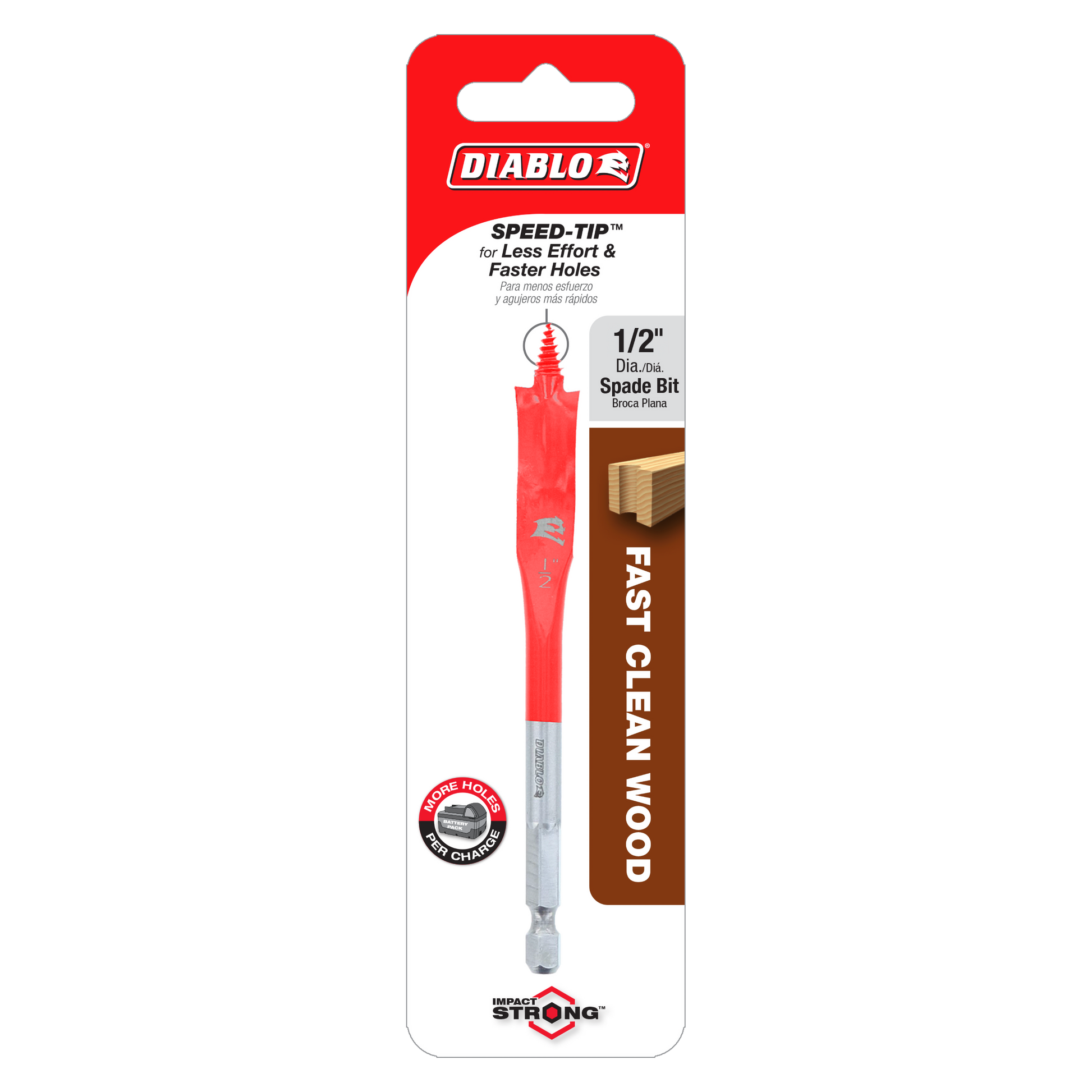 Red Diablo spade bit with 1/2 inch diameter, gray hex shank, displayed on packaging card.