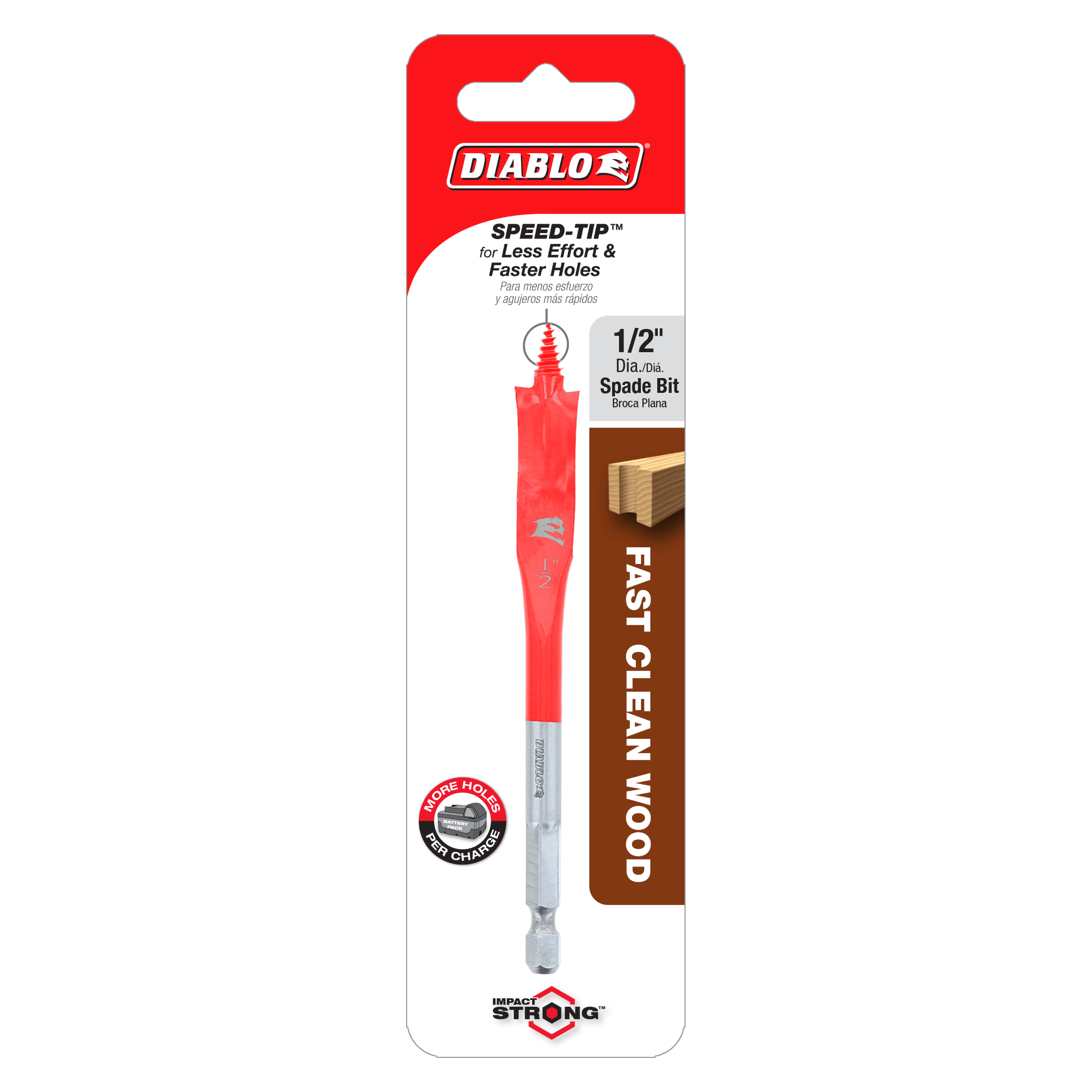 Red Diablo spade bit with 1/2 inch diameter, gray hex shank, displayed on packaging card.