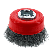 Red cup brush with crimped carbon steel bristles and X-LOCK mounting head on white background.