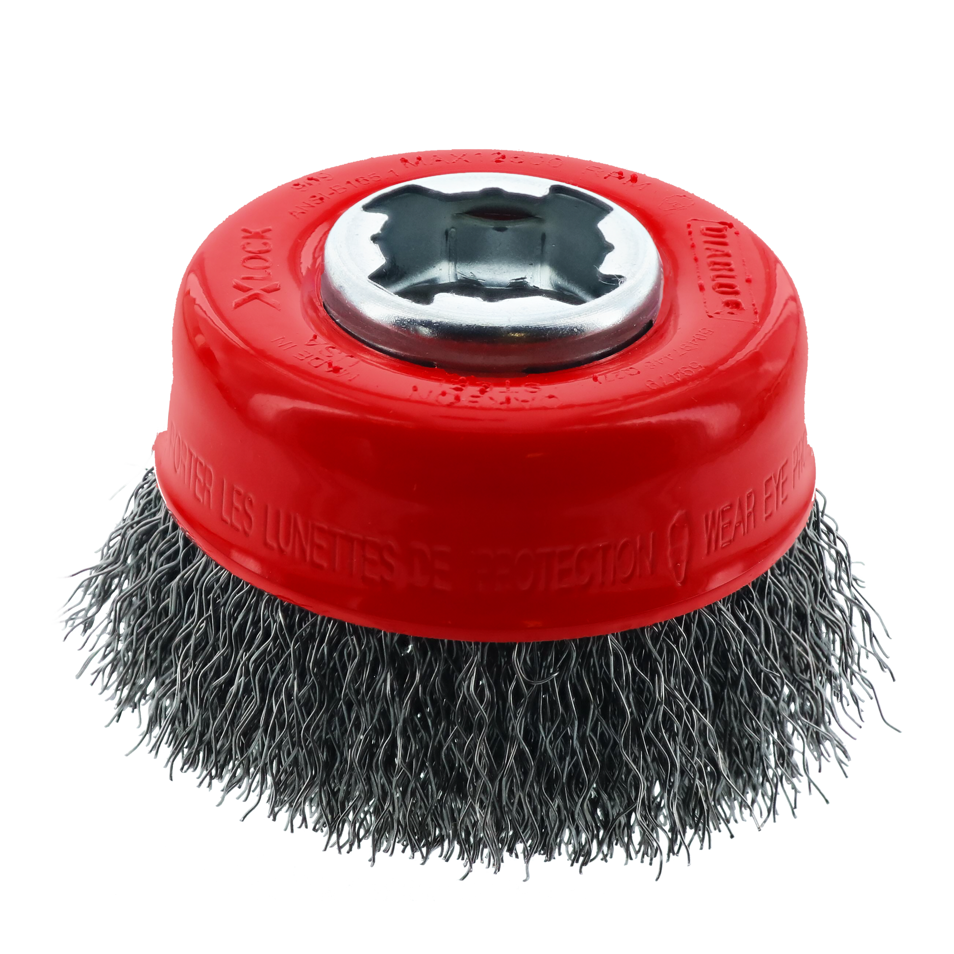 Red cup brush with crimped carbon steel bristles and X-LOCK mounting head on white background.