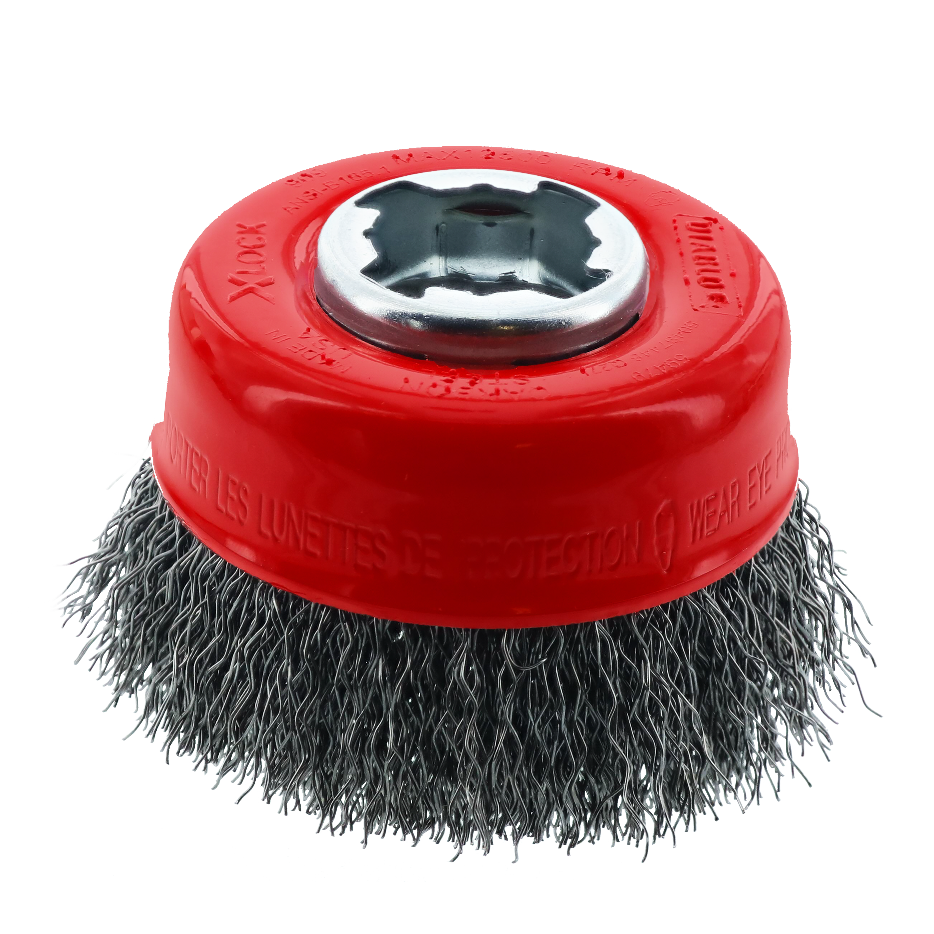 Red cup brush with crimped carbon steel bristles and X-LOCK mounting head on white background.