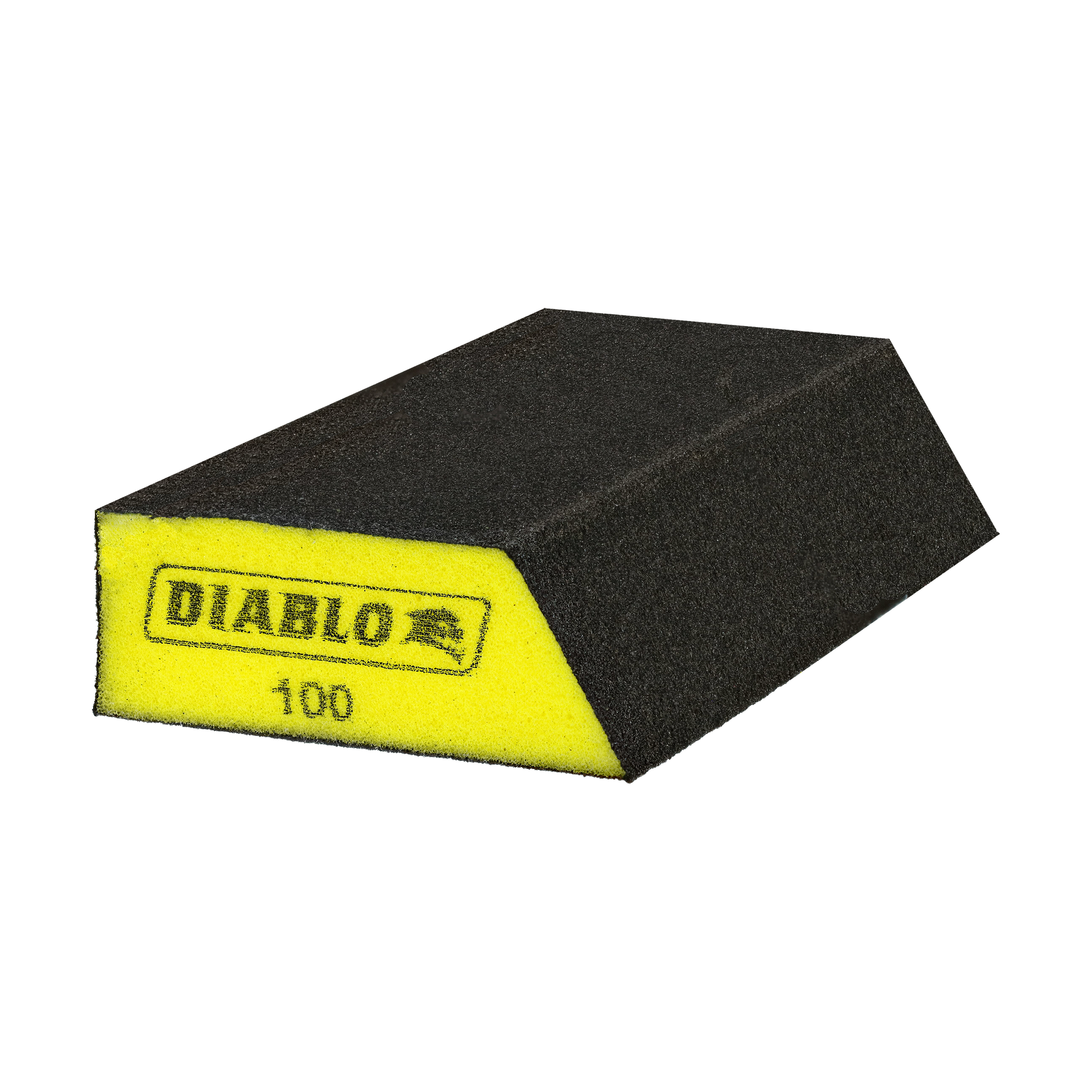 Black and yellow corner sanding sponge with 100-grit surface and Diablo branding on yellow end.