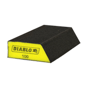 Black and yellow foam sanding sponge with angled corner edges and 100-grit abrasive surface.