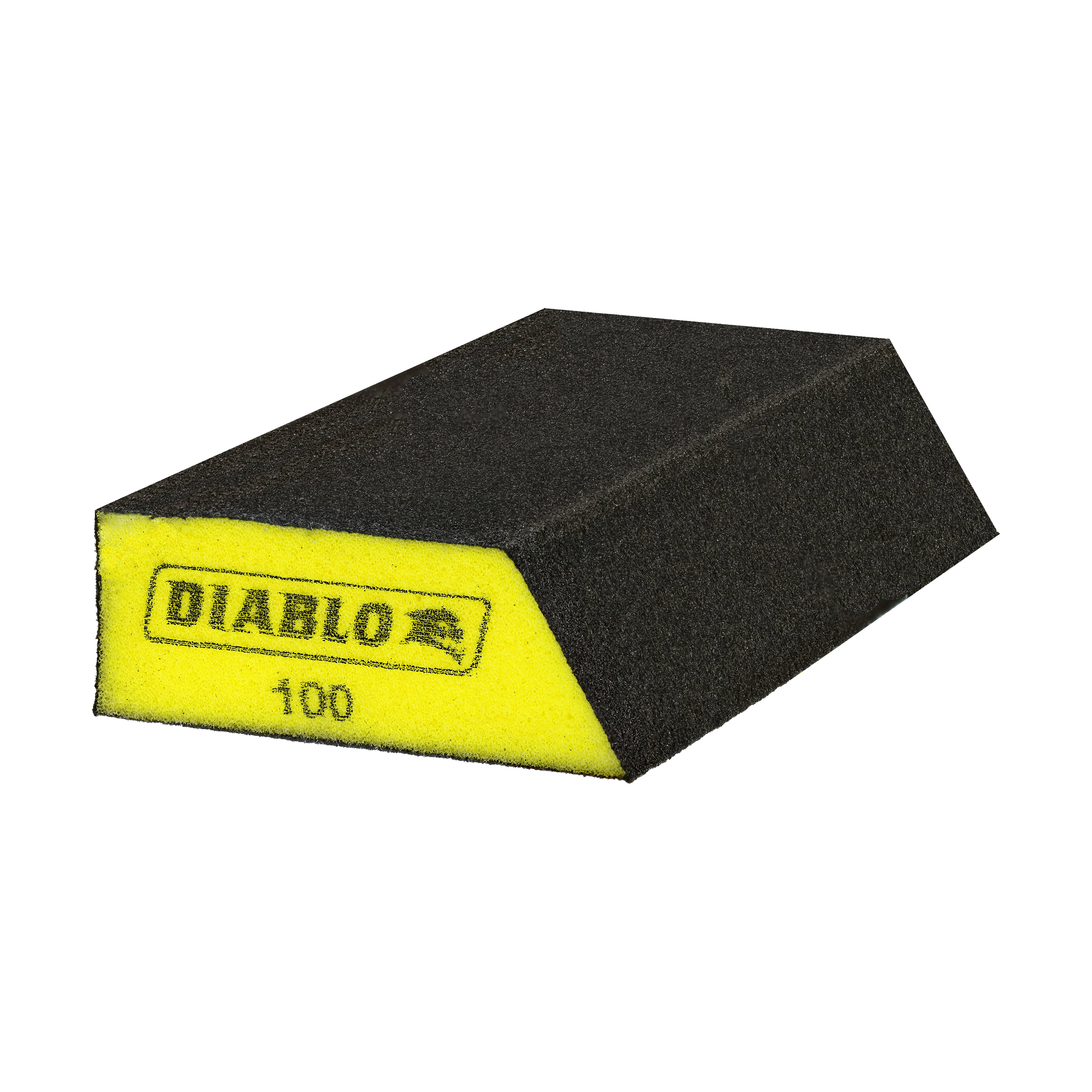 Black and yellow foam sanding sponge with angled corner edges and 100-grit abrasive surface.