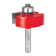 Freud rabbeting router bit with red cutting head, metal bearing guide, and steel shank.