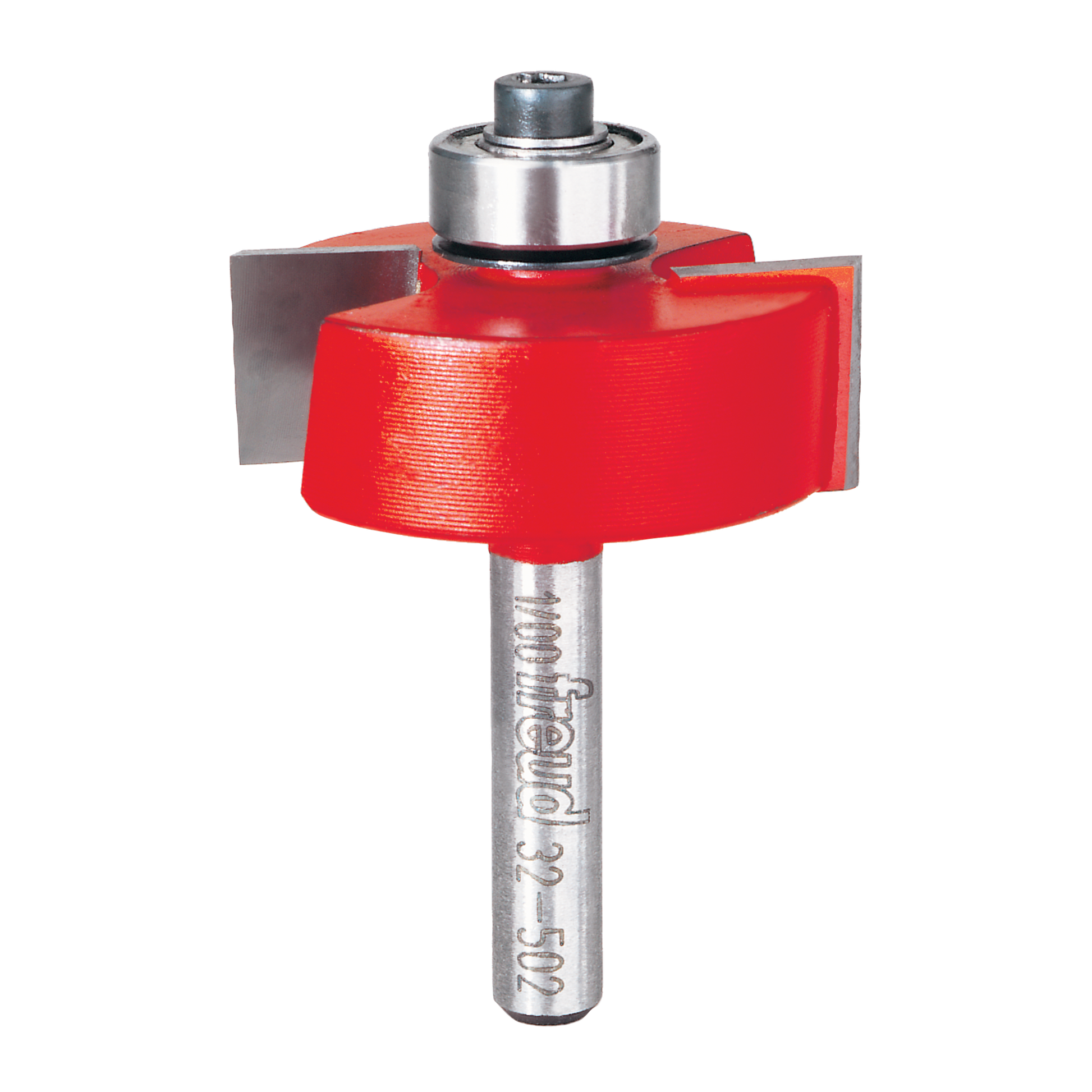 Freud rabbeting router bit with red cutting head, metal bearing guide, and steel shank.