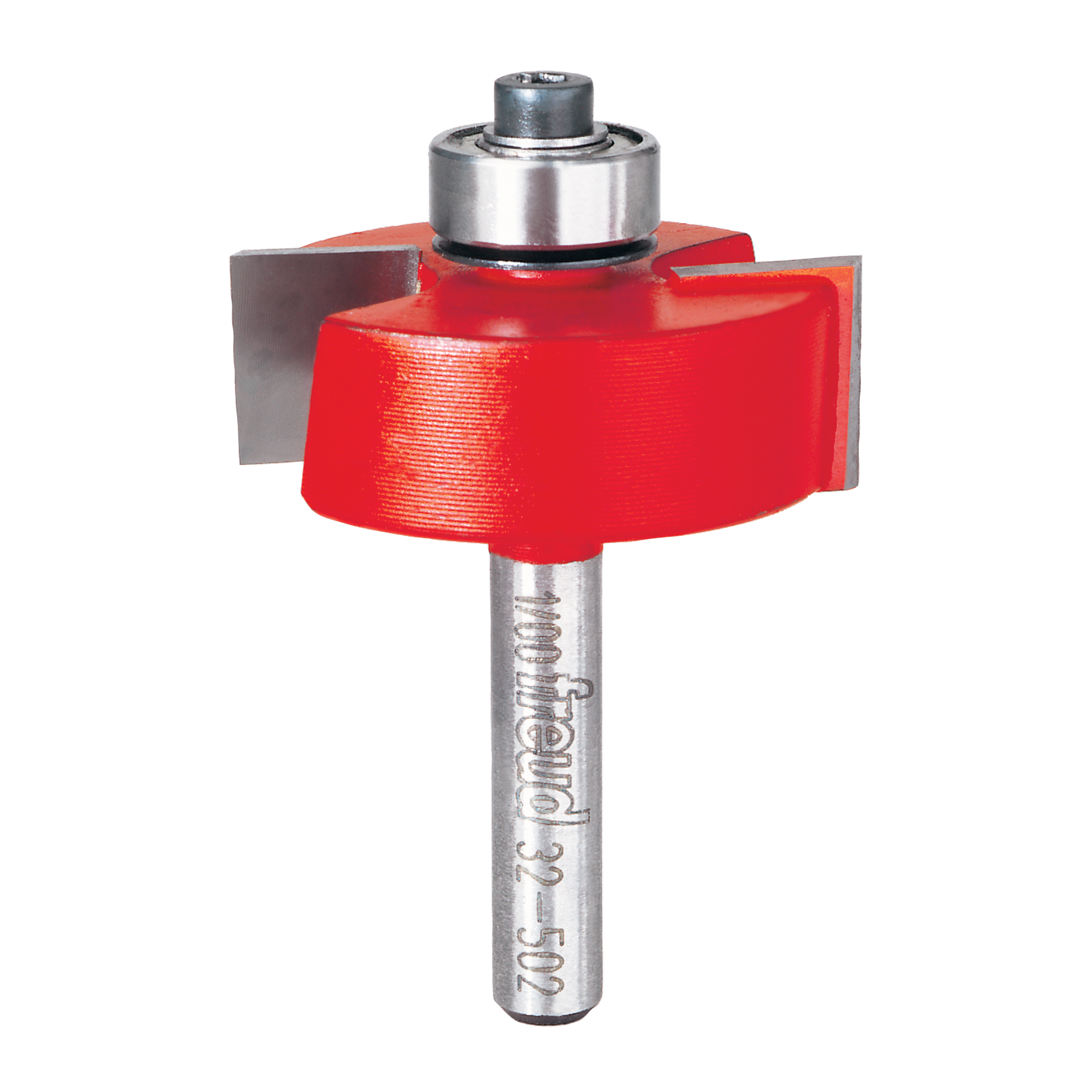 Freud rabbeting router bit with red cutting head, metal bearing guide, and steel shank.