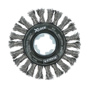 4-inch stainless steel wire wheel brush with twisted cable bristles and X-LOCK mounting system.