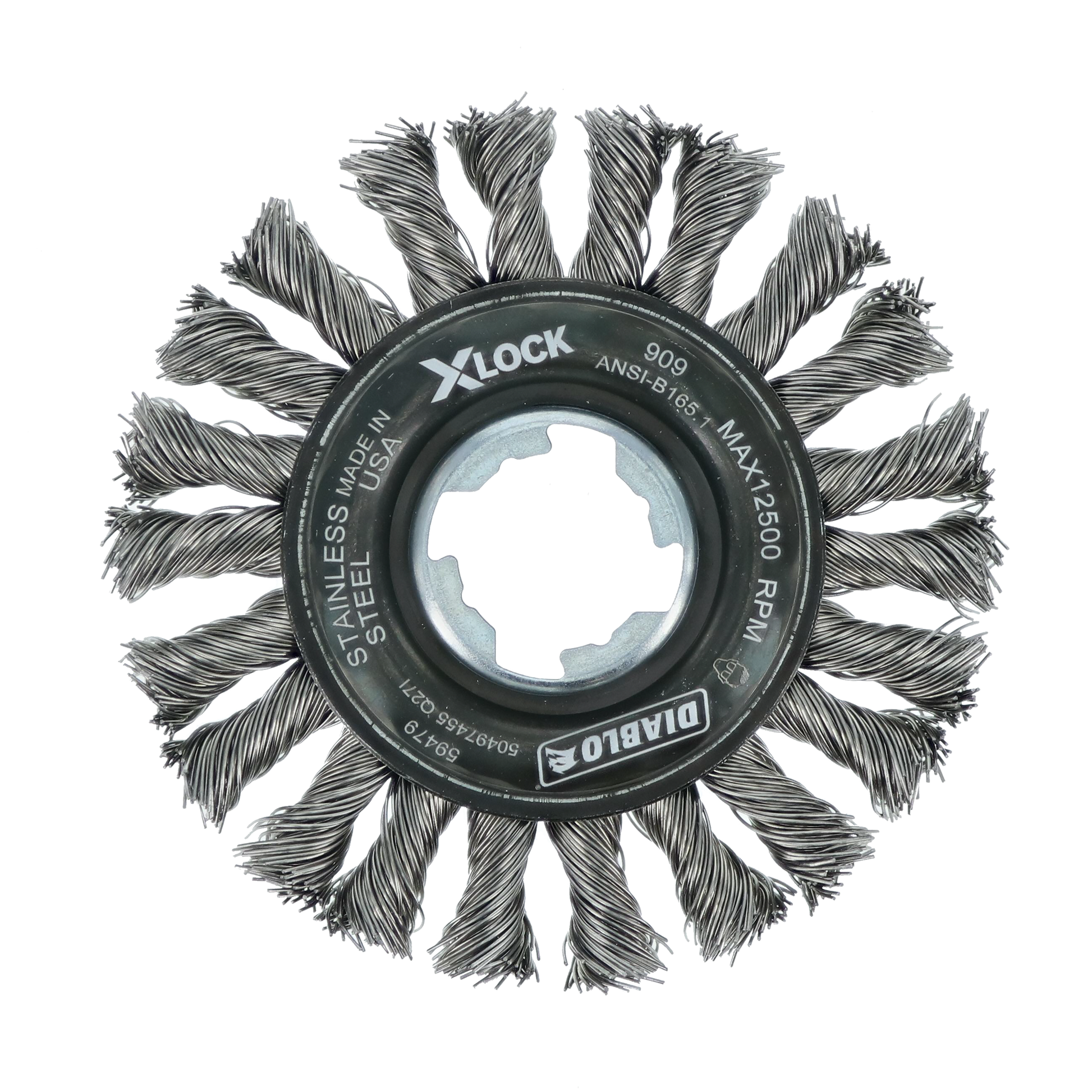 4-inch stainless steel wire wheel brush with twisted cable bristles and X-LOCK mounting system.