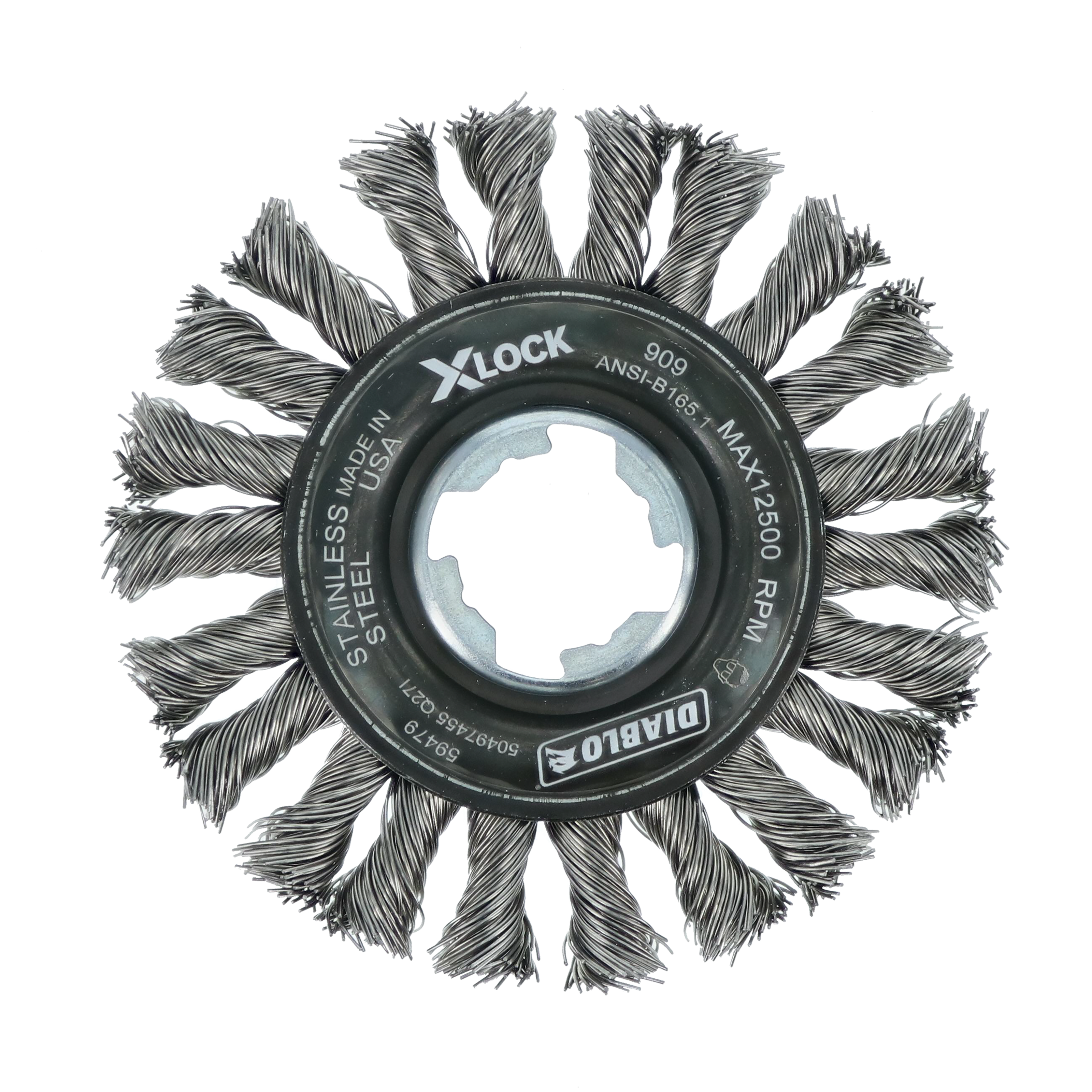 4-inch stainless steel wire wheel brush with twisted cable bristles and X-LOCK mounting system.