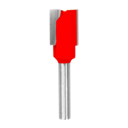Red and gray straight router bit with two flutes and cylindrical metal shank.
