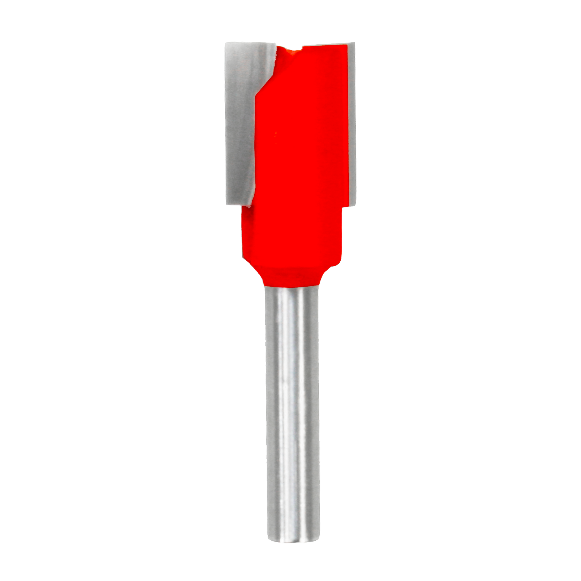 Red and gray straight router bit with two flutes and cylindrical metal shank.