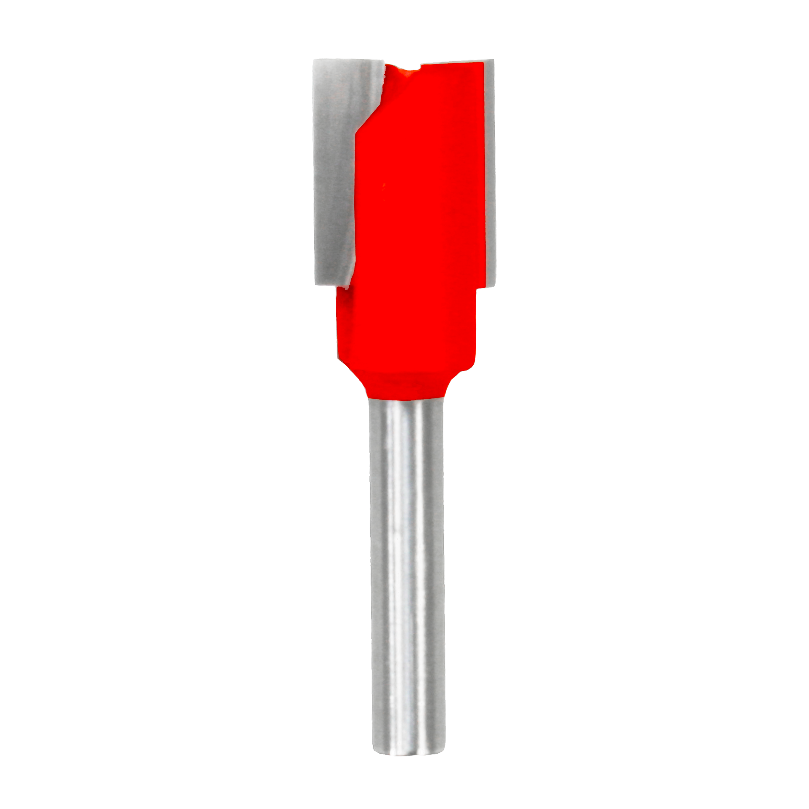 Red and gray straight router bit with two flutes and cylindrical metal shank.