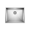 Stainless steel single bowl undermount sink with drain hole, rectangular shape.