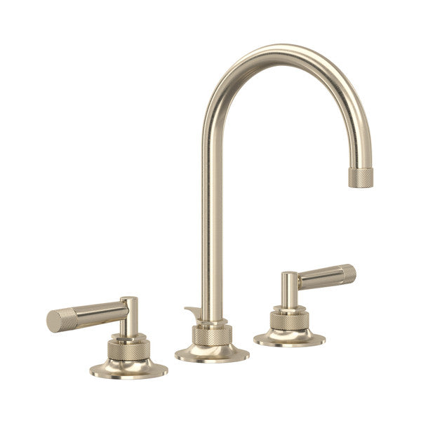 Satin nickel three-hole bathroom faucet with curved C-spout and lever handles on round bases.
