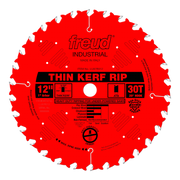 Red circular saw blade with 30 teeth, silver carbide tips, 1" arbor hole, and black center label reading "Thin Kerf Rip."