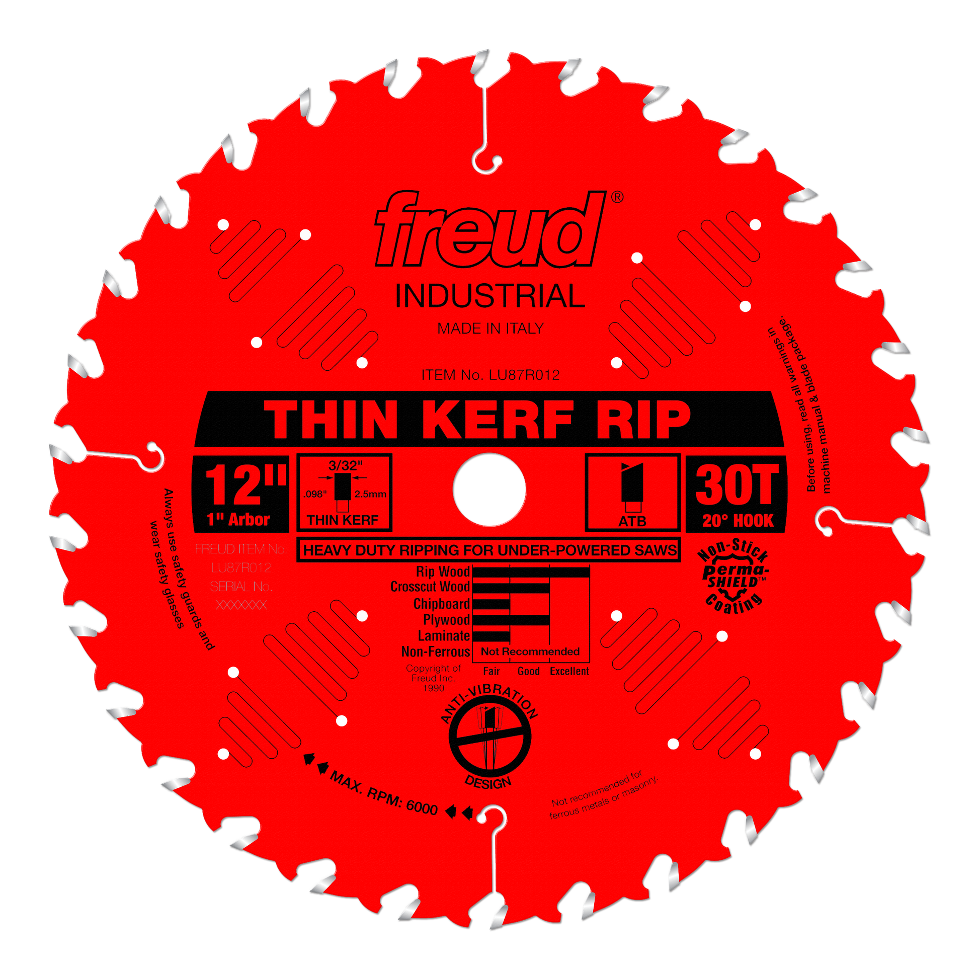 Red circular saw blade with 30 teeth, silver carbide tips, 1" arbor hole, and black center label reading "Thin Kerf Rip."