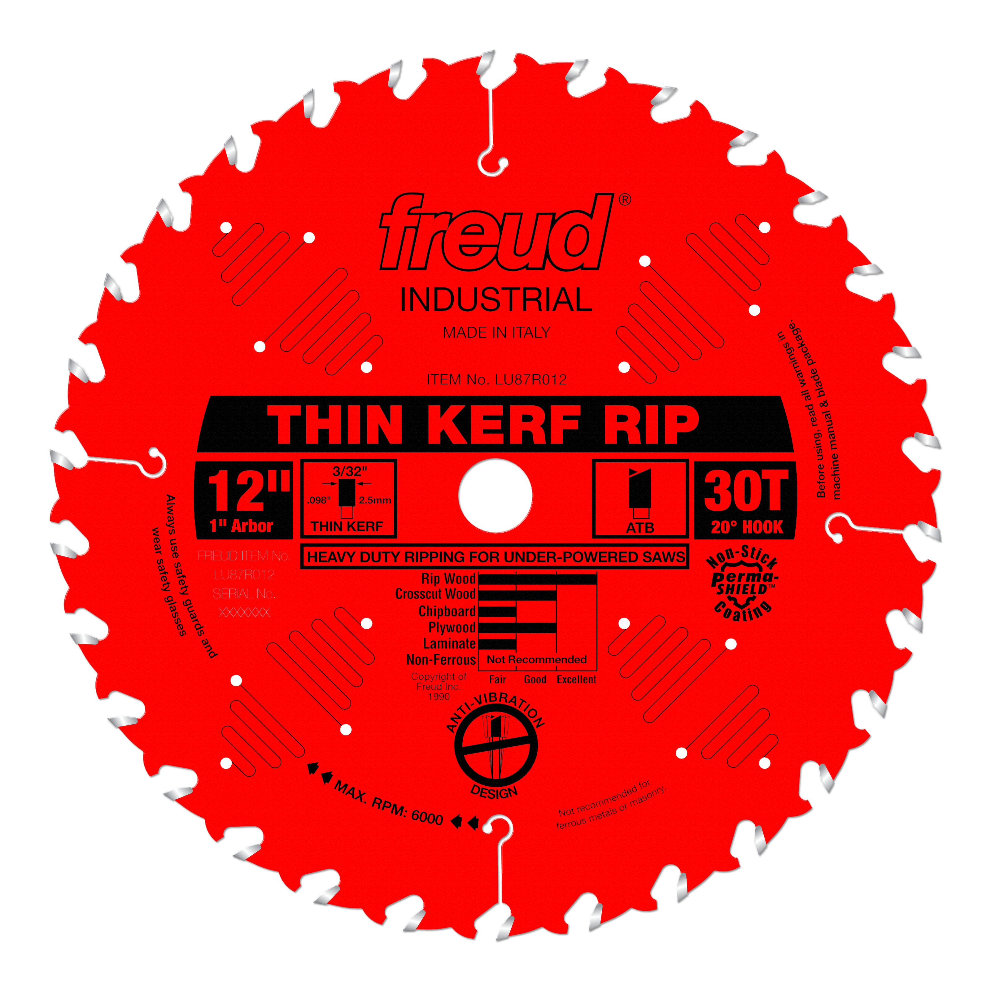 Red circular saw blade with 30 teeth, silver carbide tips, 1" arbor hole, and black center label reading "Thin Kerf Rip."