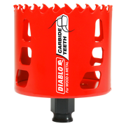 Red cylindrical carbide-tipped holesaw with jagged cutting edge and black shank attachment.