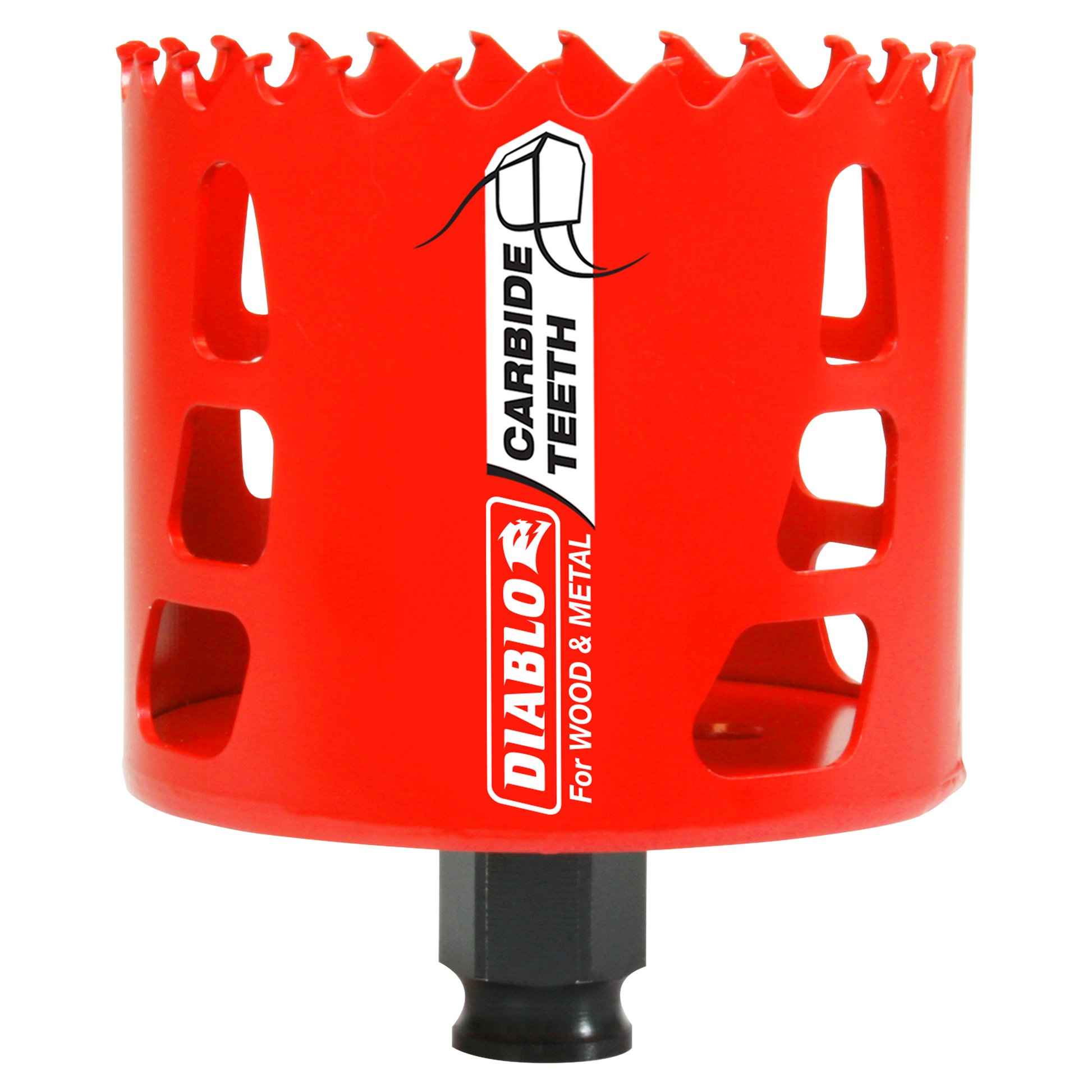 Red cylindrical carbide-tipped holesaw with jagged cutting edge and black shank attachment.